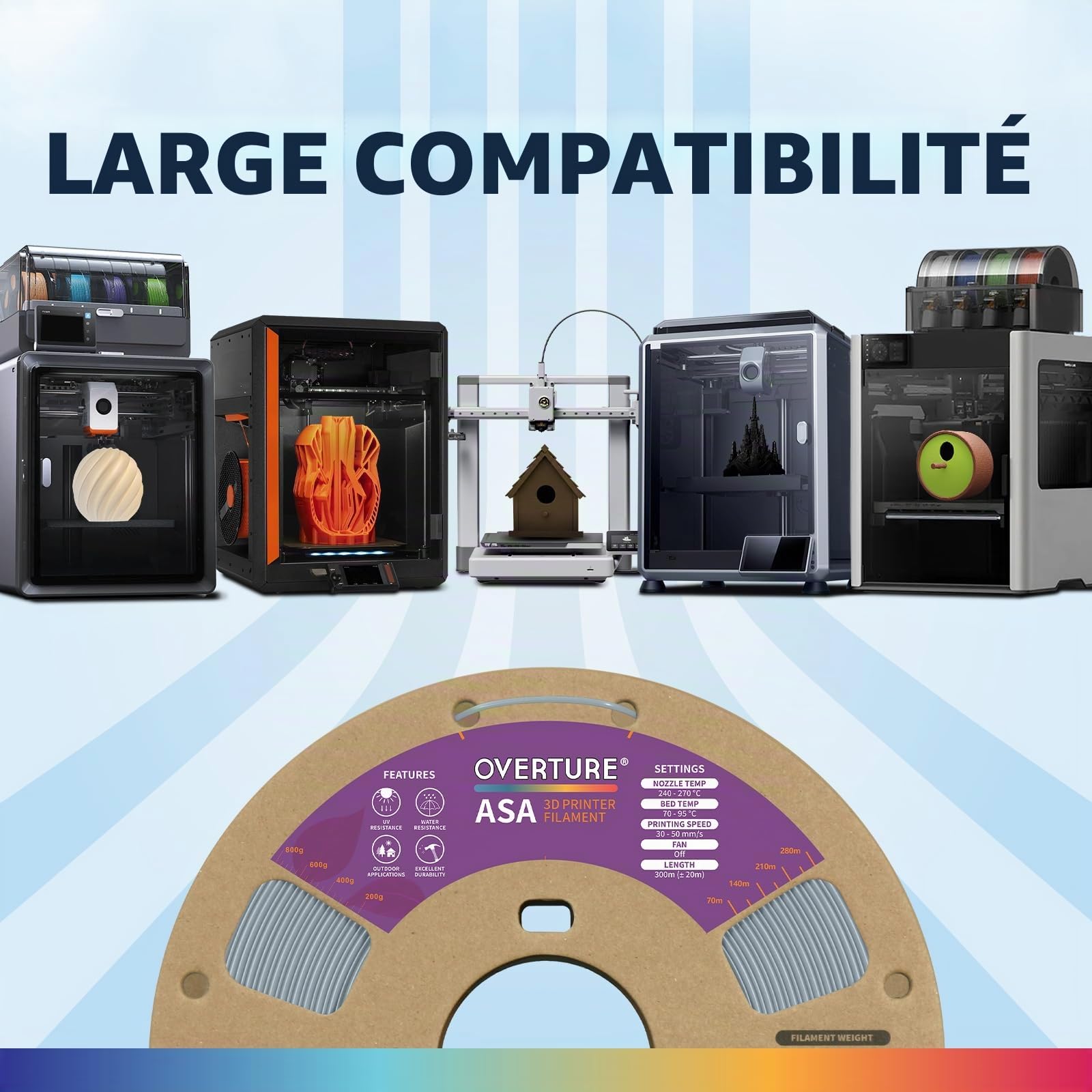 OVERTURE ASA Filament 1.75mm 1KG Bobine Imprimante 3D(Gris) | ASA pour FDM, Résistance UV et intempéries, Vicat 106.2°C, Buse 240-270°C, Plateau 70-95°C, Ventilateur éteint, 30-50mm/s
