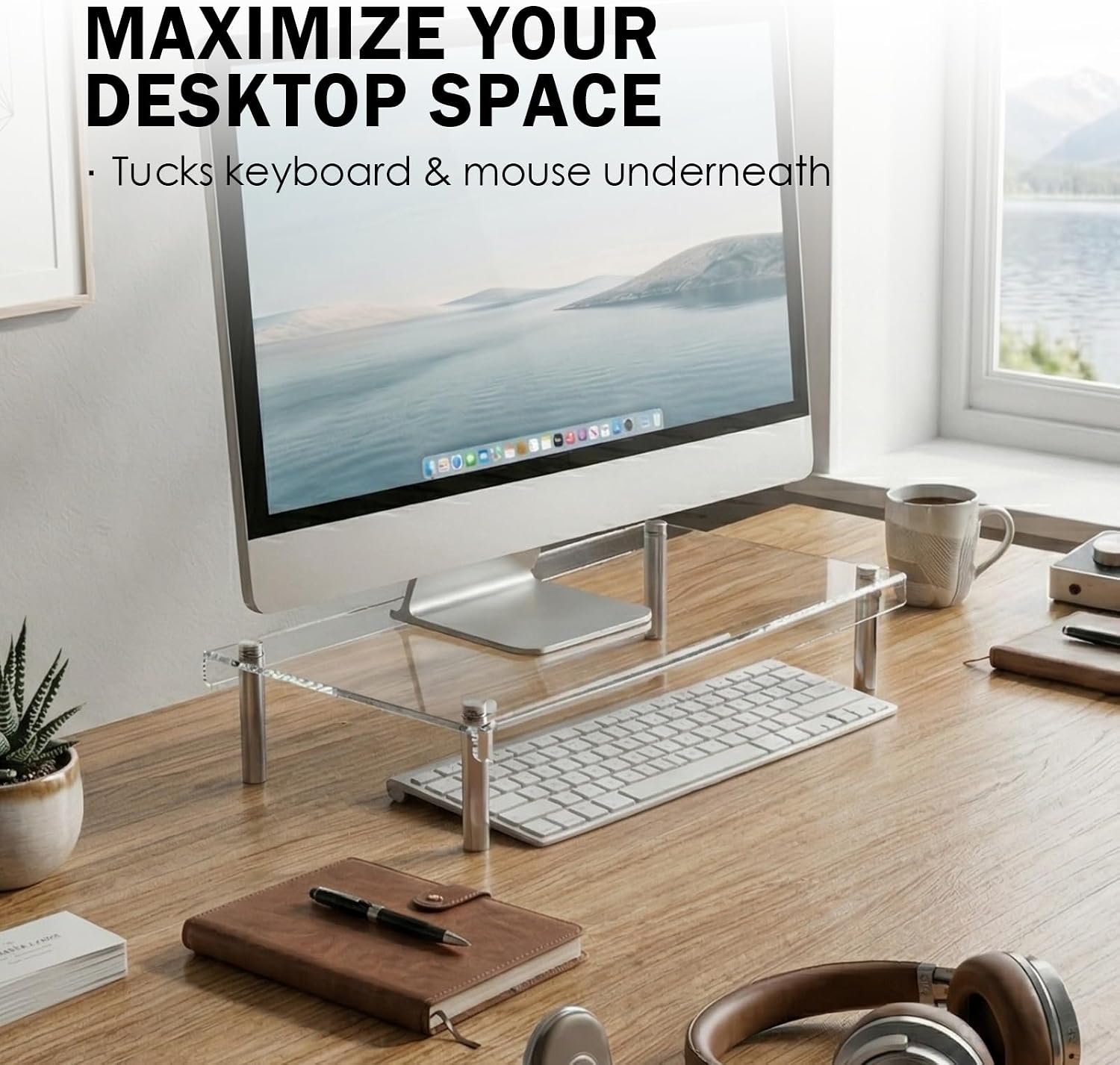 2 Pack Clear Acrylic Riser, Display Stand, Large Transparent Monitor Riser Stand Acrylic Shelf with Non-Slip Feet, Desktop Organizer for Collectibles, Figurines, Cosmetics, Multifunctional Stand