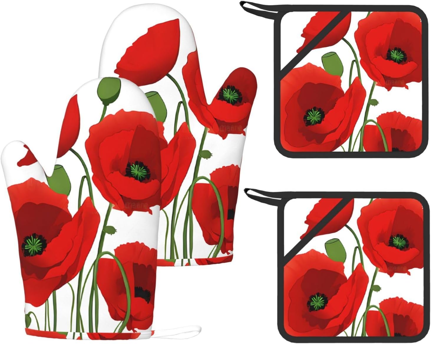 Poppy Flowers 4pcs Oven Mitts and Pot Holders Sets for Kitchen, Silicone Oven Gloves Non-Slip Potholders Hot Pads for Baking Cooking
