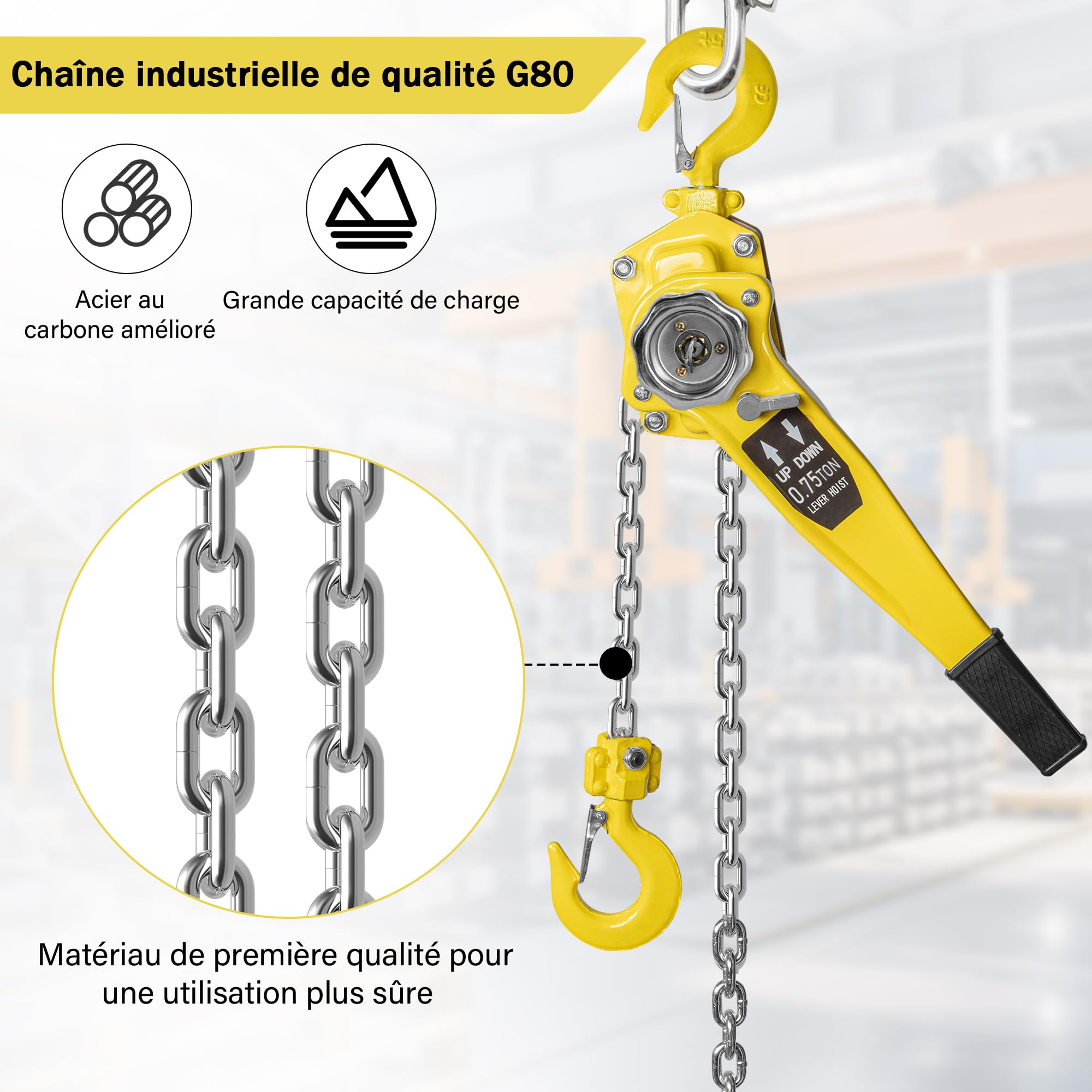 OUUTMEE Palan Manuel à Chaîne 0,75 T, Hauteur de Levage 3 M | Palan à Levier Manuel, Chaîne en Acier au Carbone G80, Avec Crochet, Pour Entrepôt, Garage et Quai d'Usine, Jaune