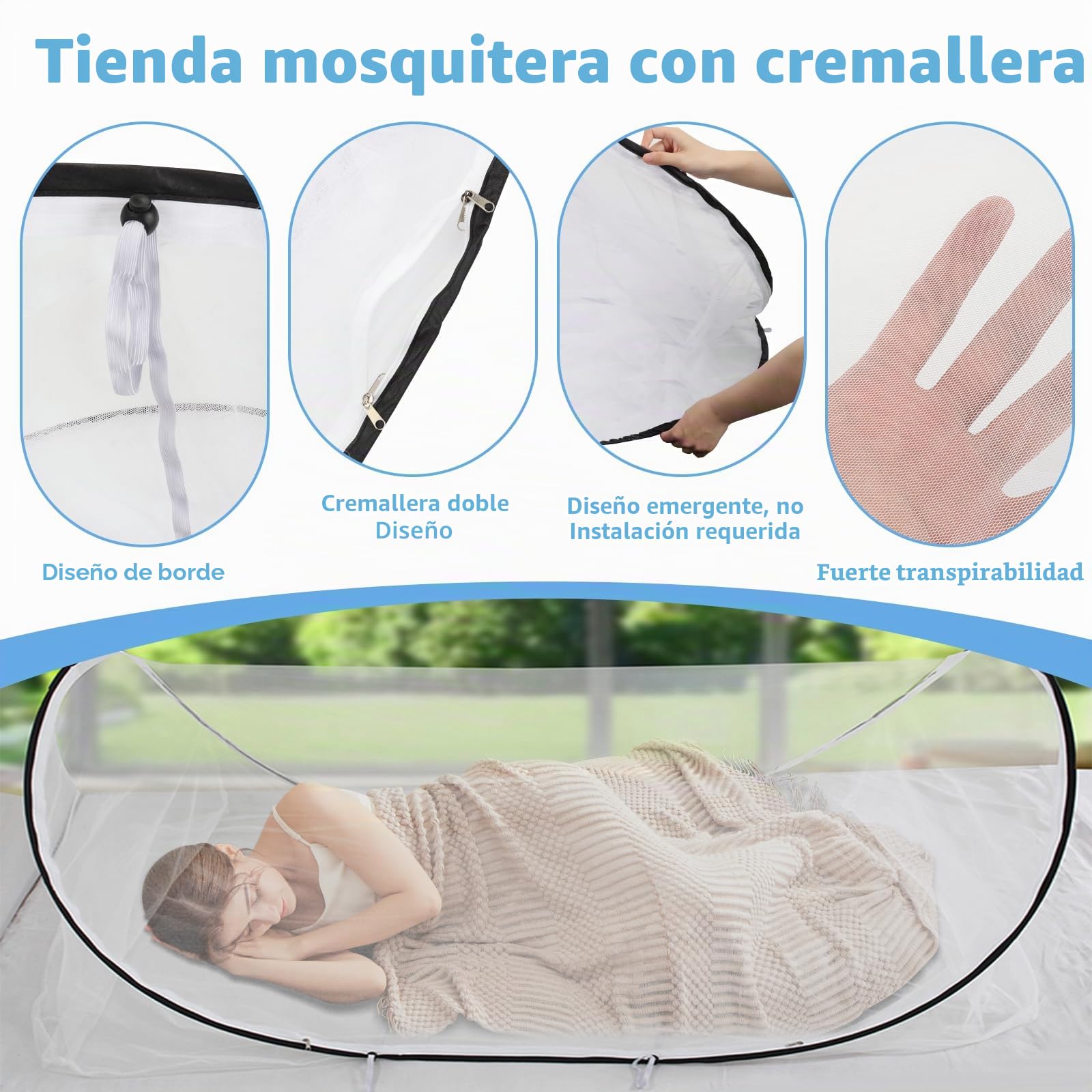 BigKing Mosquitera de viaje, ajustable, emergente mosquitera, portátil, plegable, para cama individual con cremallera, perfecta para dormitorios, viajes o camping
