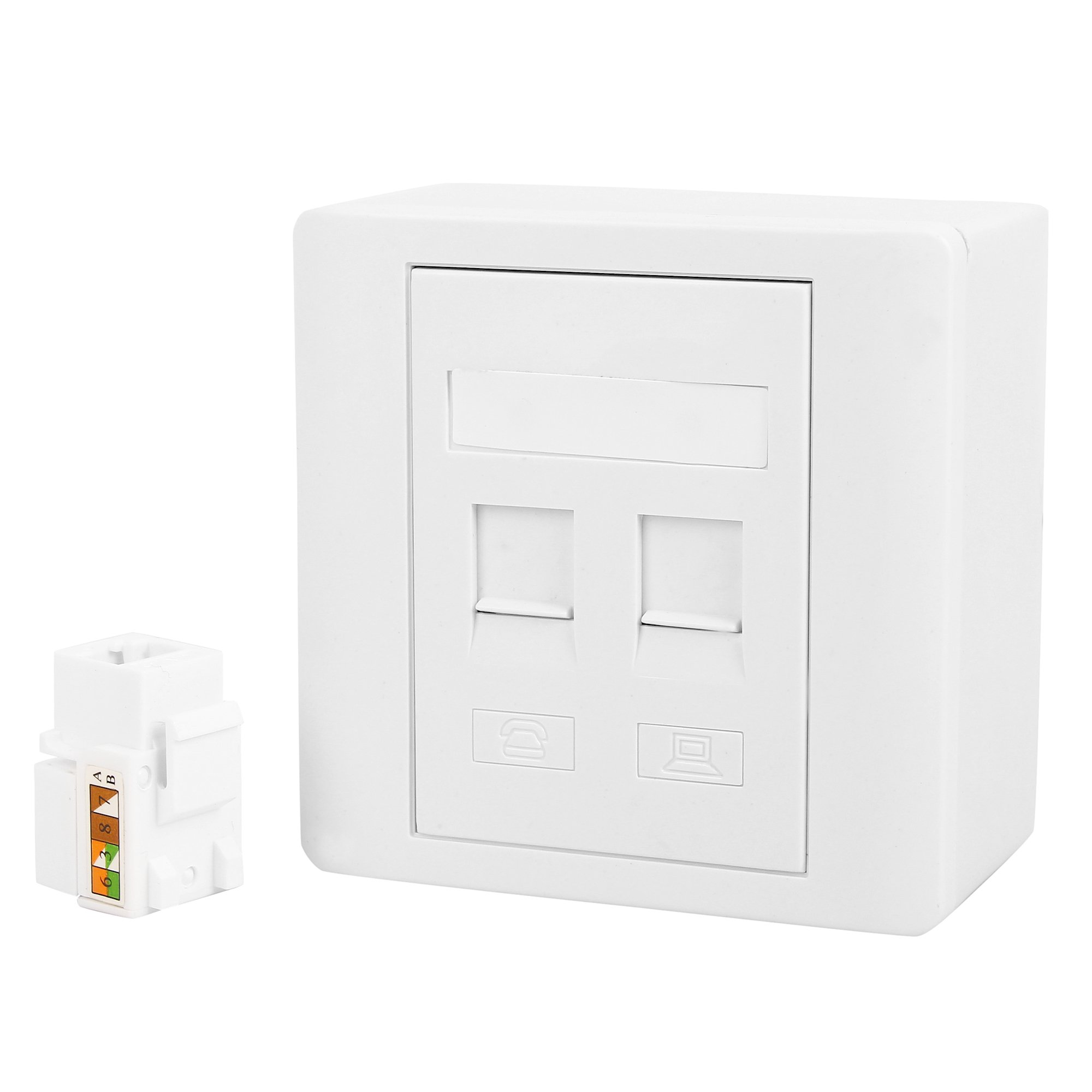 ANDTRONICS Combo Set - RJ45 CAT6E LAN I/O Network Keystone Jack + Gang Box + Dual/Double Window Face Plate - 1 Set