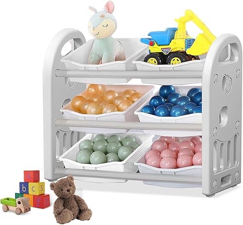 Estante organizador de almacenamiento de juguetes, estante para libros para niños con 6 contenedores, gabinete de organización de sala de juegos,