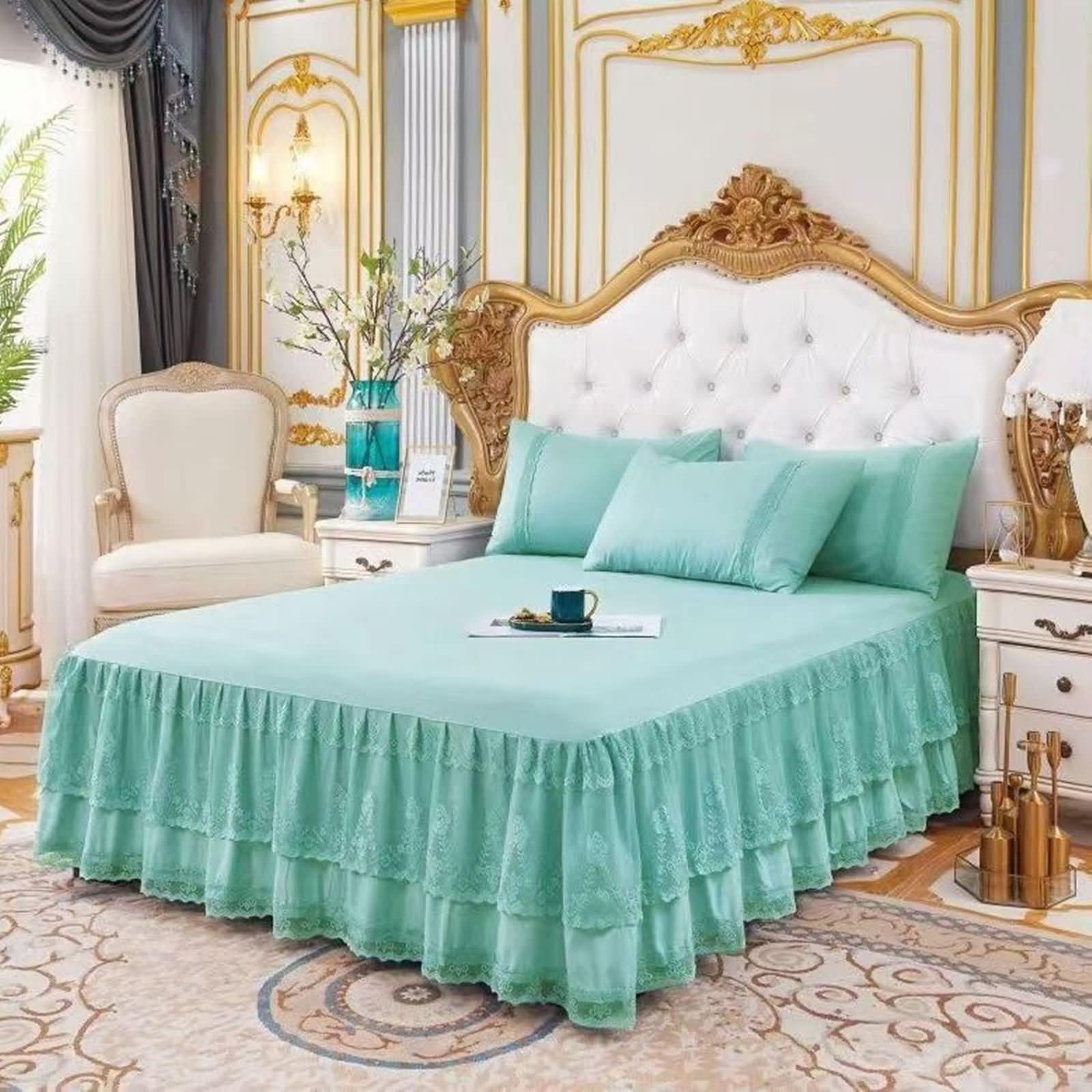 Drap Housse à Volant Fibre de Bambou avec Élastique, Couleur Unie avec Dentelle, 150 x 200 CM, Vert