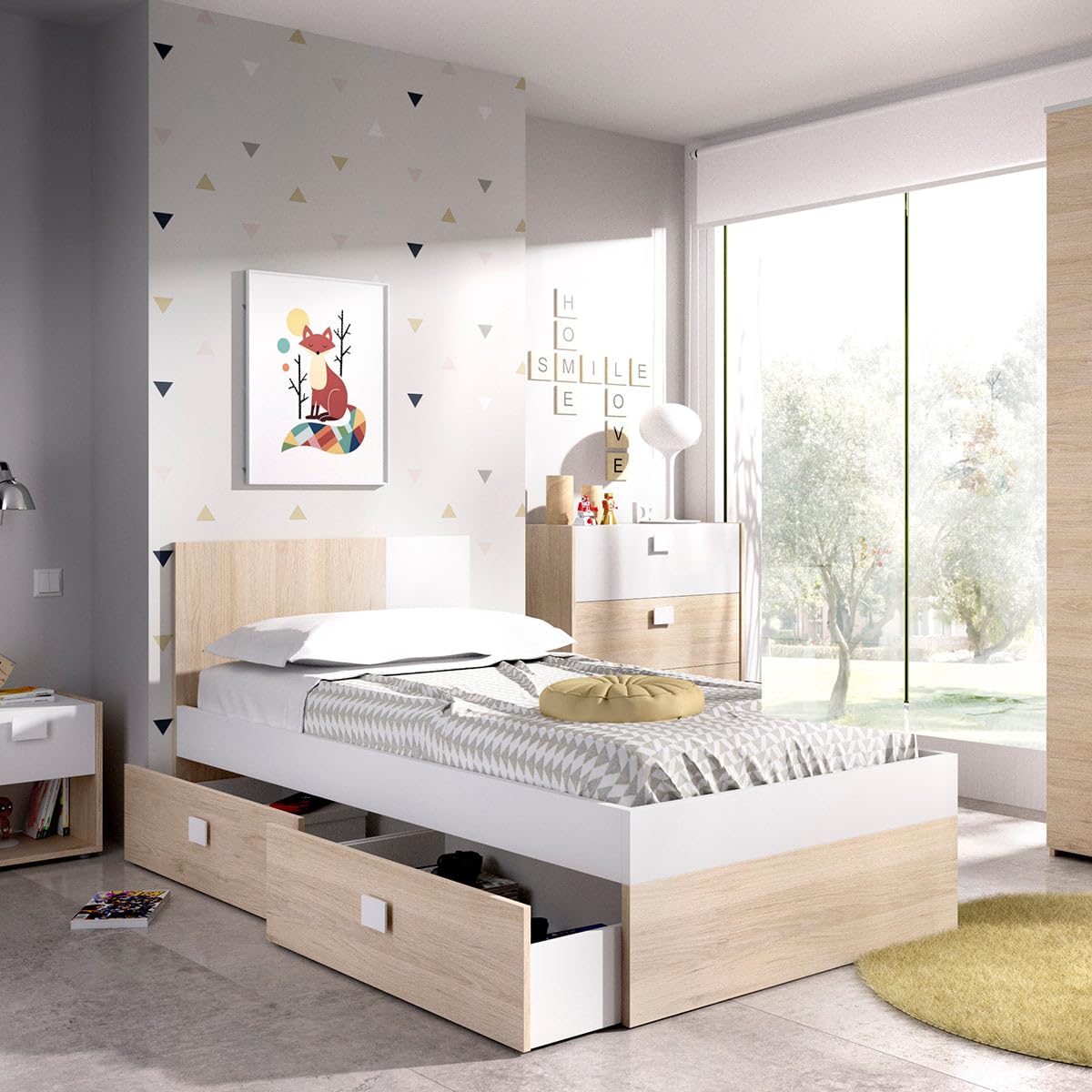 DEKIT - Pack Ahorro Juvenil Cama Dina con cajones, Armario, mesita y cómoda con 1 Colchón viscoelástico Nova 90x190cm y 1 Somier de Lama Ancha