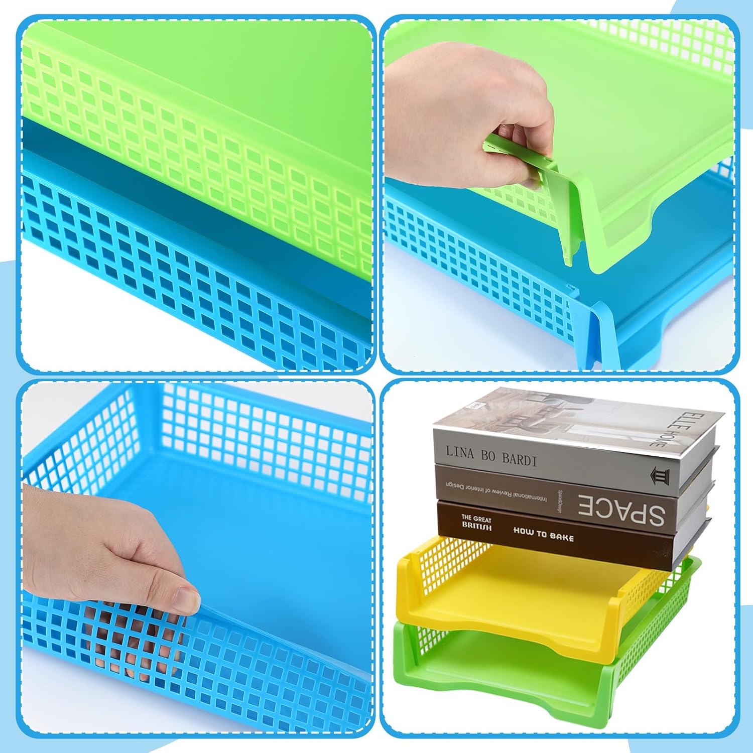 Kigley 18 Pcs Storage Tray Stackable Paper Tray Plastic Desk Letter Organizer Tray Colorful Office Desktop Document Paper Storage for Office Teacher Book Organization