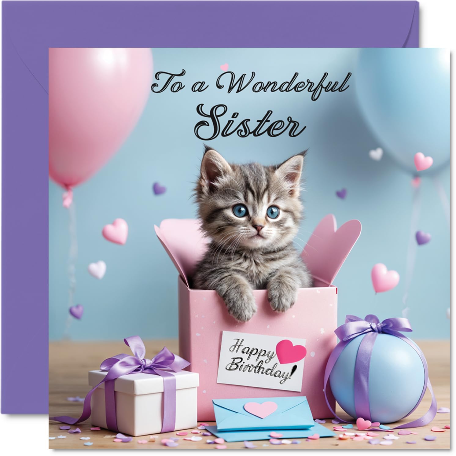 Sister Birthday Card - Cat Present - Happy Birthday Card for Sister from Brother Sibling, 145mm Cat Present Bday Greeting Cards