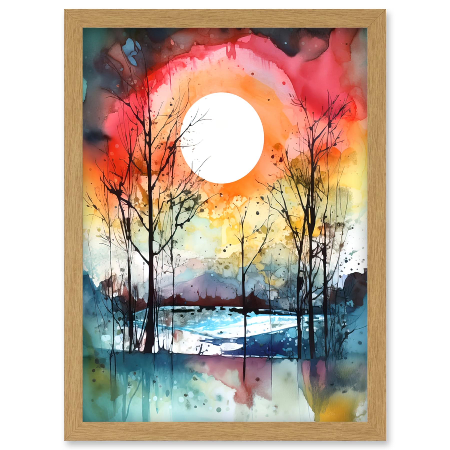 Artery8 Abstract Sunset Landscape Watercolour Painting Countryside Lake Autumn Trees Artwork Framed Wall Art Print A4
