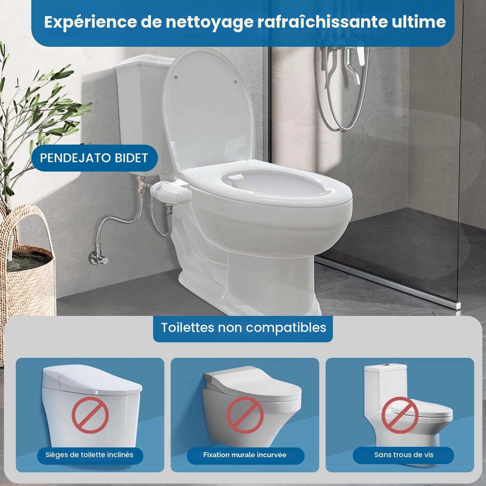 Ultra-thin Bidet Toilette WC, Kit Abattant WC Japonais Bidet De Salle De Bain, Pulvérisateur De Bidet Boku, Buse Rétractable（Anti-colmatage） Et Pression D'eau Réglable, Eau Froide, Blanc