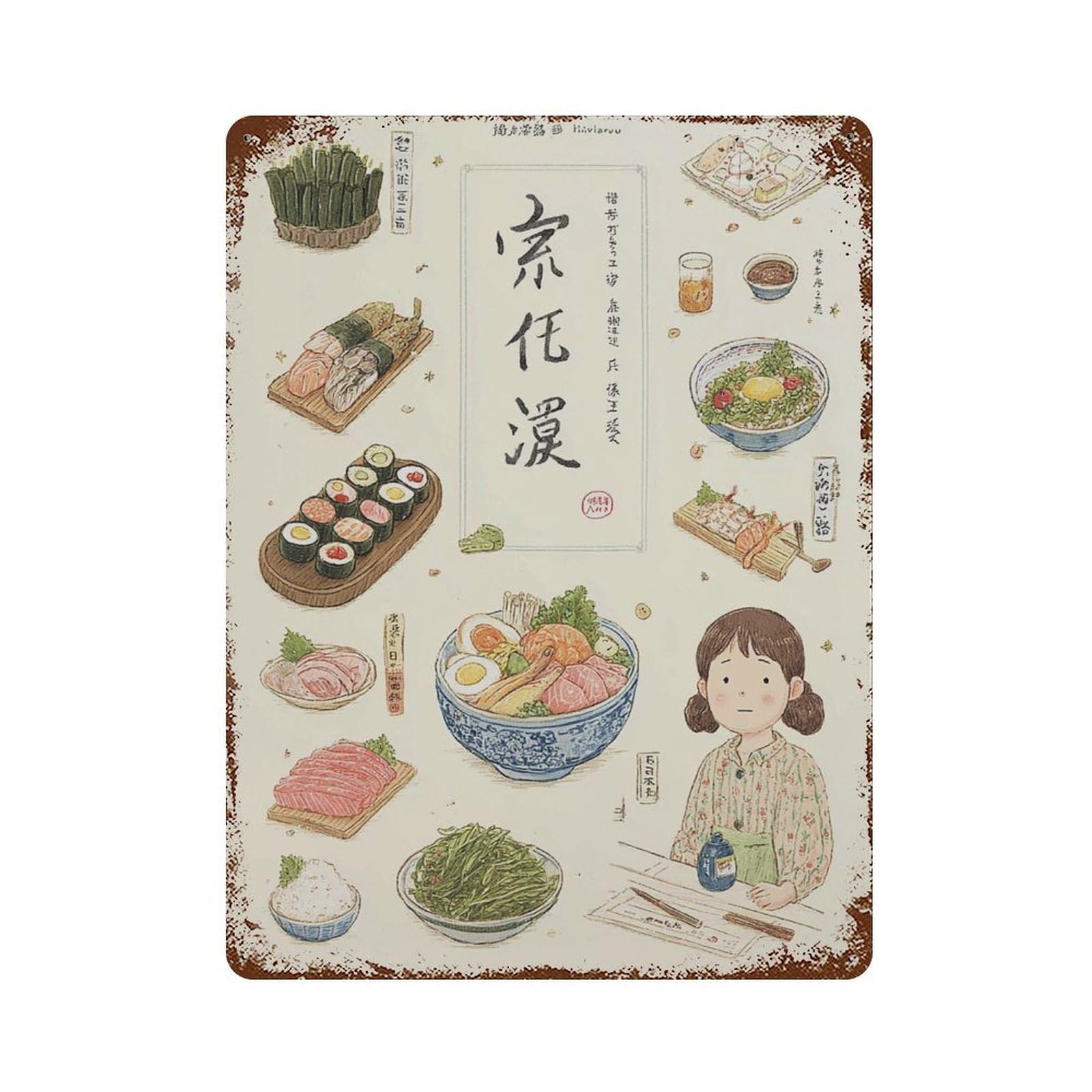 xiaoxiaoshen Japanese Food Cute Anime Ramen Sushi Kawaii Kitchen Illustrated Dishes Whimsical Wall Decor Art Metal Tin Poster Modern Home Decor Art Home Bar Shop Decorations Vintage Sign 40x30cm