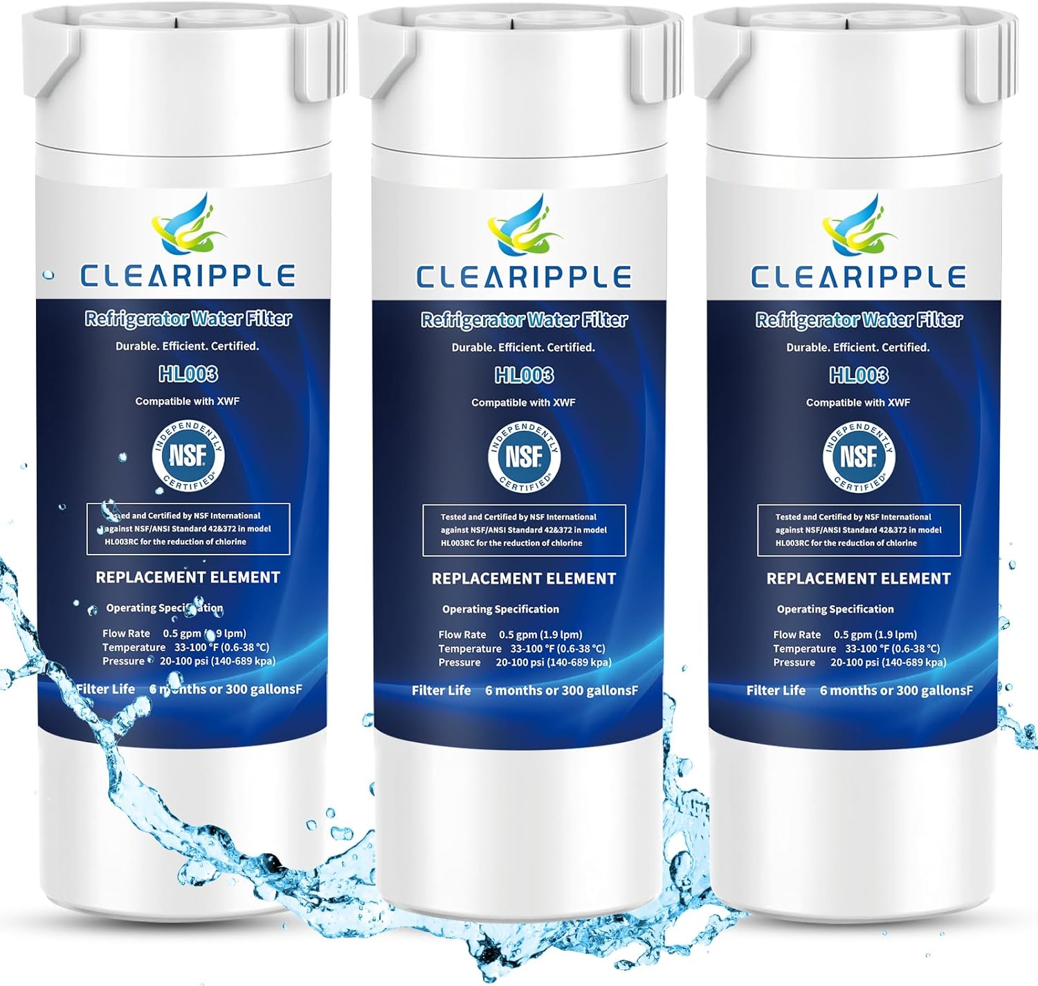 XWF (Not XWFE, NO Chips) Refrigerator Water Filter 3 Pack, Compatible with GE XWF, GBE21, GDE21, GDE25, GFE24, NSF Certified, 6-Month/300-Gallon Capacity, Lead & Chlorine Reduction
