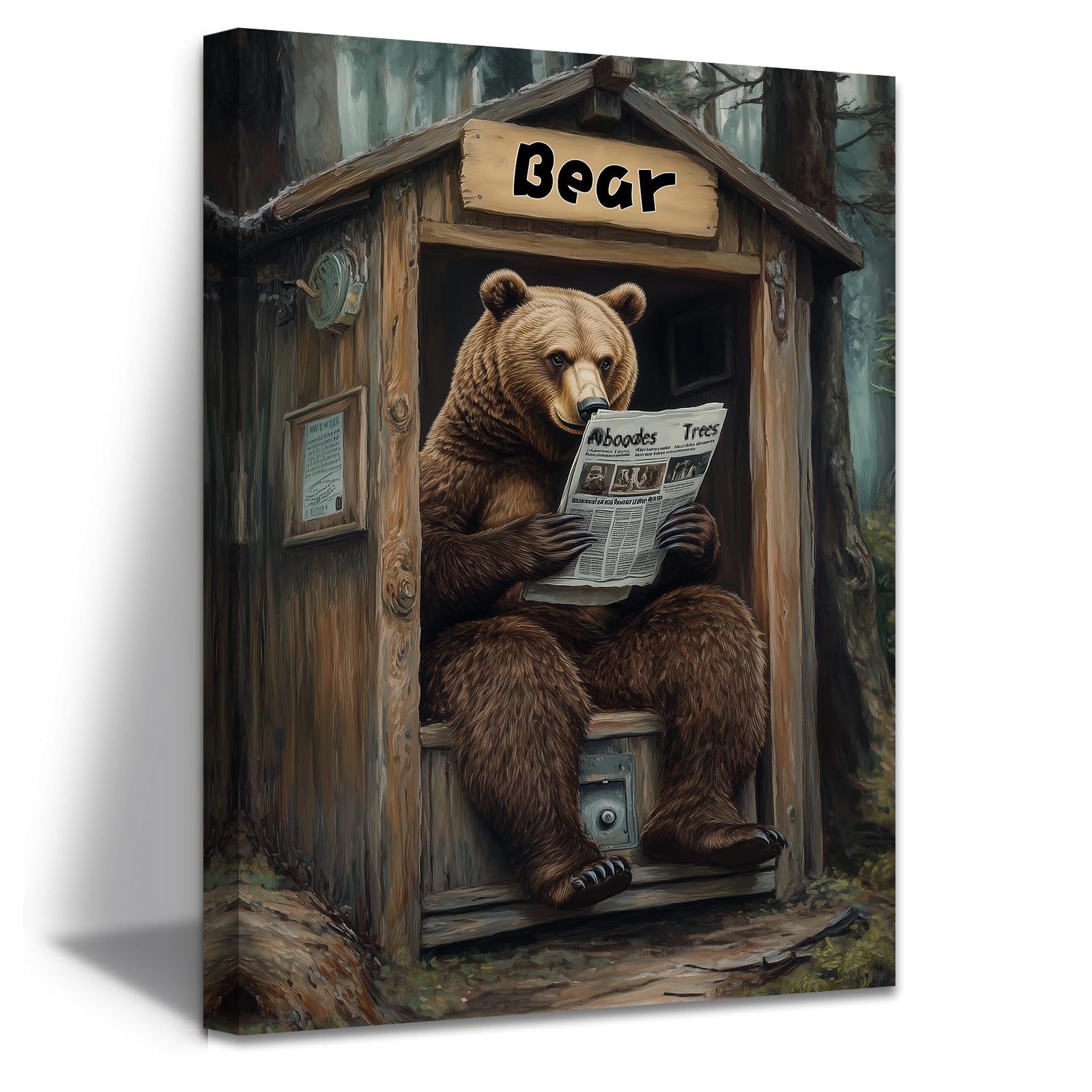 ZXHYWYM Outhouse Bathroom Decor Bear Moose in Outhouse Toilet Canvas Wall Art Funny Forest Animal Poster Picture for Farmhouse Cabin Decor Framed (Brown, (45L x 30W cm))