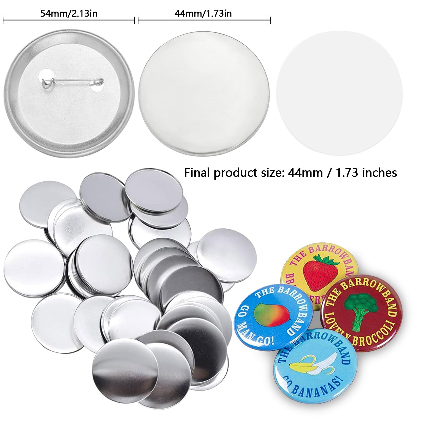 100 pezzi Kit Badge per Button Making Machine, Spille Fai da Te, Spilli Distintivi, per Button Artigianato Fai da Te Tra Cui Coperture in Metallo e Pellicola Trasparente - Fondo di ferro