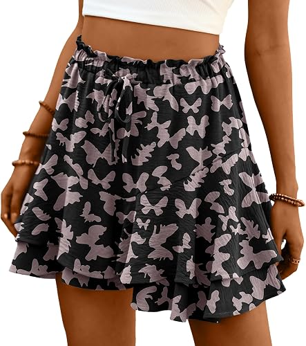 Lepunuo Flowy Shorts for Women Boho Ruffle Tiered Skorts Summer Skorts | High Waist Casual Shorts,Floral Skort,Double-Layer, Mini Skirt - 70% off