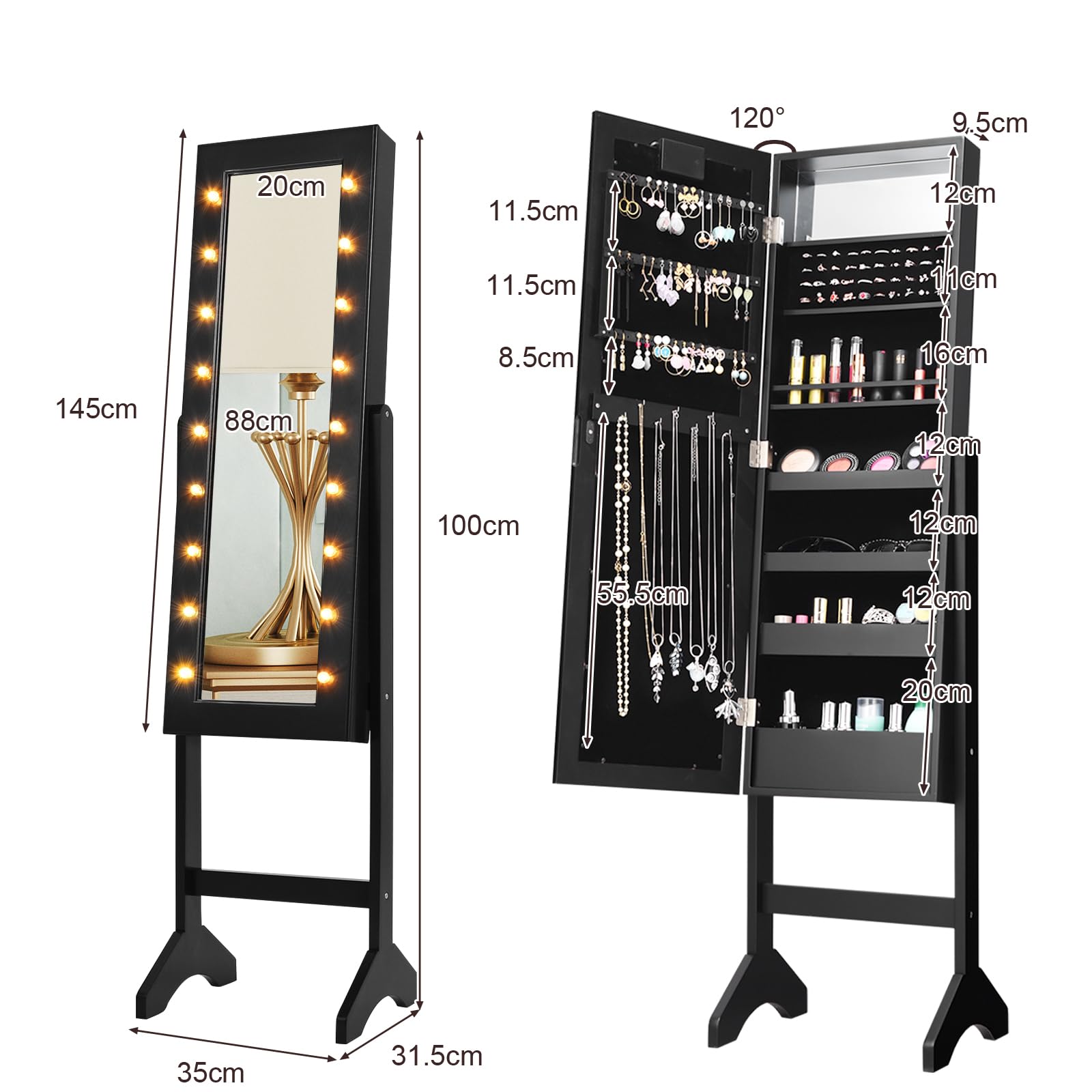 HOMASIS Armario Joyero de Suelo Con Espejo y Luces LED - Contenedor Con Marco para Joyas, Cosméticos - para Cama, Baño (Negro)