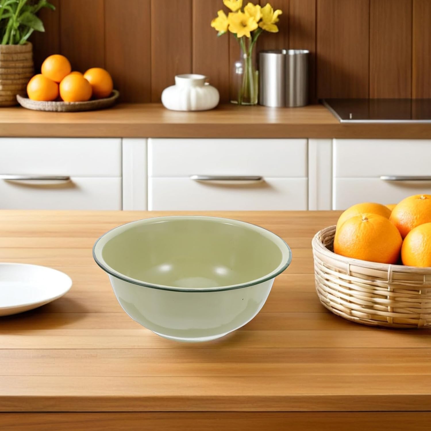 Vintage Enamel Soup Bowl 24cm Thickened Green Mixing Basin Food-grade Enamelware for Dough Mixing, Salad, and Food Storage in Kitchen and Dining