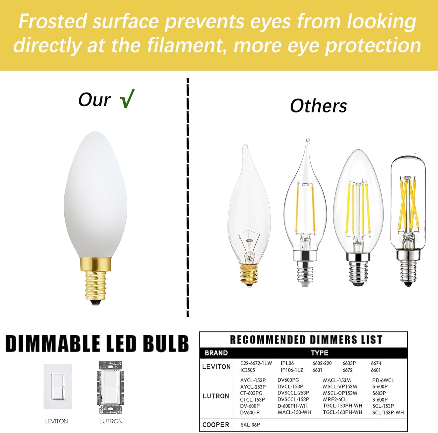 Frosted LED Bulb Dimmable 6W Equal Soft White 3000K e12 Candelabra Bulb 60 watt for Chandeliers,Ceiling Fan,Pendant,Wall sconces AC120V 600LM e12 Light Bulb 6Pack