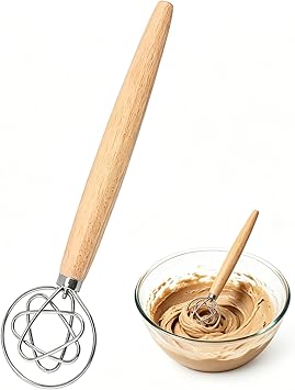 Danish Dough Whisk, Stainless Steel Bread Whisk with Wooden Handle, Dutch-Style Artisan Bread Baking Tool for Sourdough, Pizza, Pastry & Baking