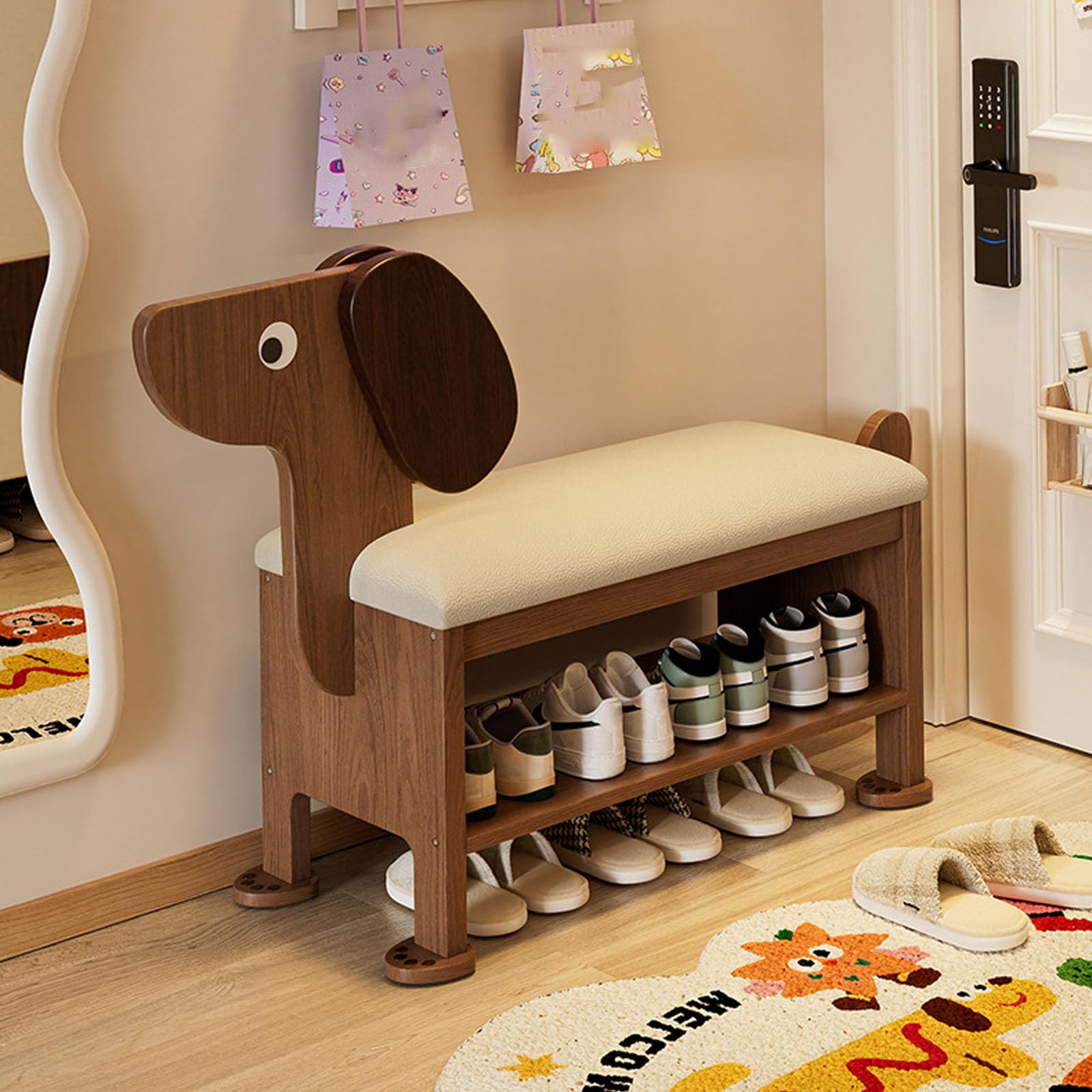 LWJSOCP Entrance Shoe Storage StoolDog Shaped Shoe Rack Bench with Seat Cushions2-Tier Solid Wood Shoes BenchWooden Storage Benches for Entryway Hallway Bedroom98 * 30cm