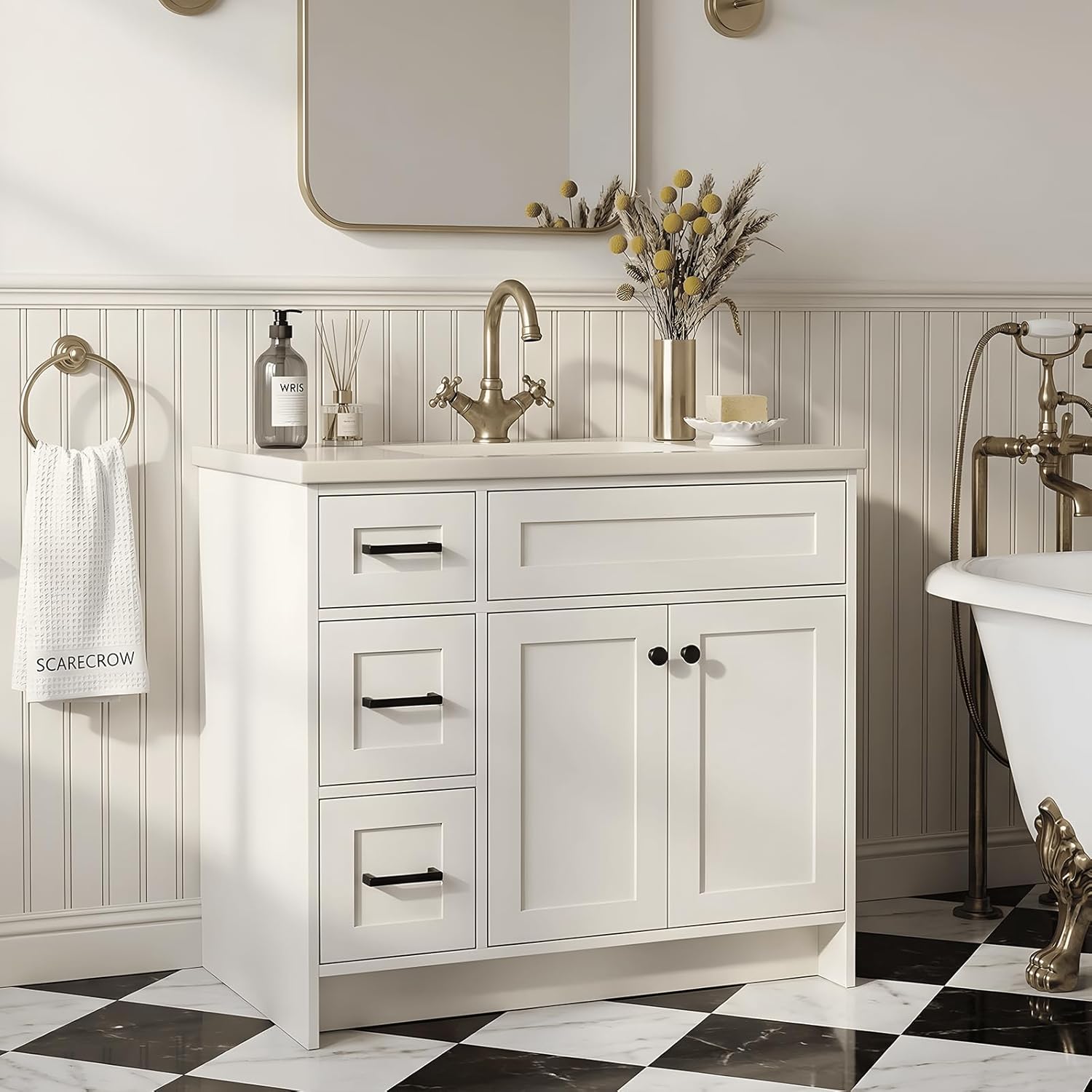 36 Inch Freestanding Bathroom Vanity with Sink, Shaker Style White Cabinet with 3 Drawers & Double Doors, Waterproof Lacquer Finish, Ideal for Master Bathroom & Family Home