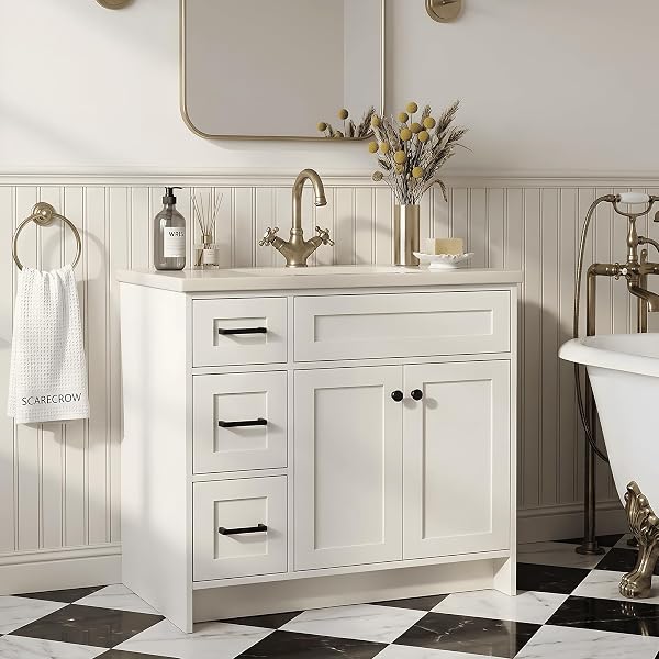 36 Inch Freestanding Bathroom Vanity with Sink, Shaker Style White Cabinet with 3 Drawers & Double Doors, Waterproof Lacquer Finish, Ideal for Master Bathroom & Family Home