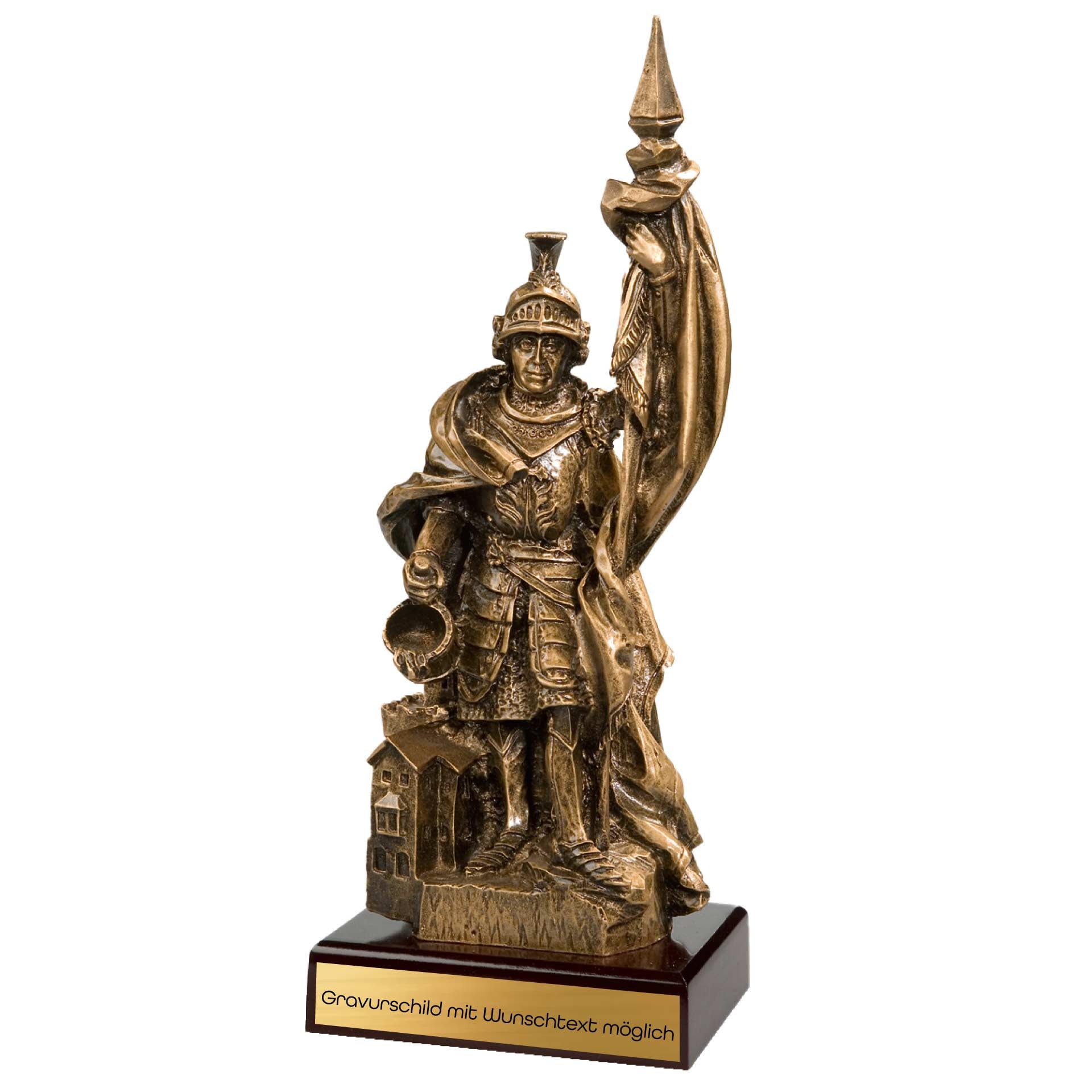 Feuerwehr-Pokal St. Florian - 35 cm Trophäe Award Resinfigur Altgold | Personalisierbare Ehrengabe mit Wunschgravur auf Gravurschild, ideal als Auszeichnung für Feuerwehrleute und Ehrenamtliche