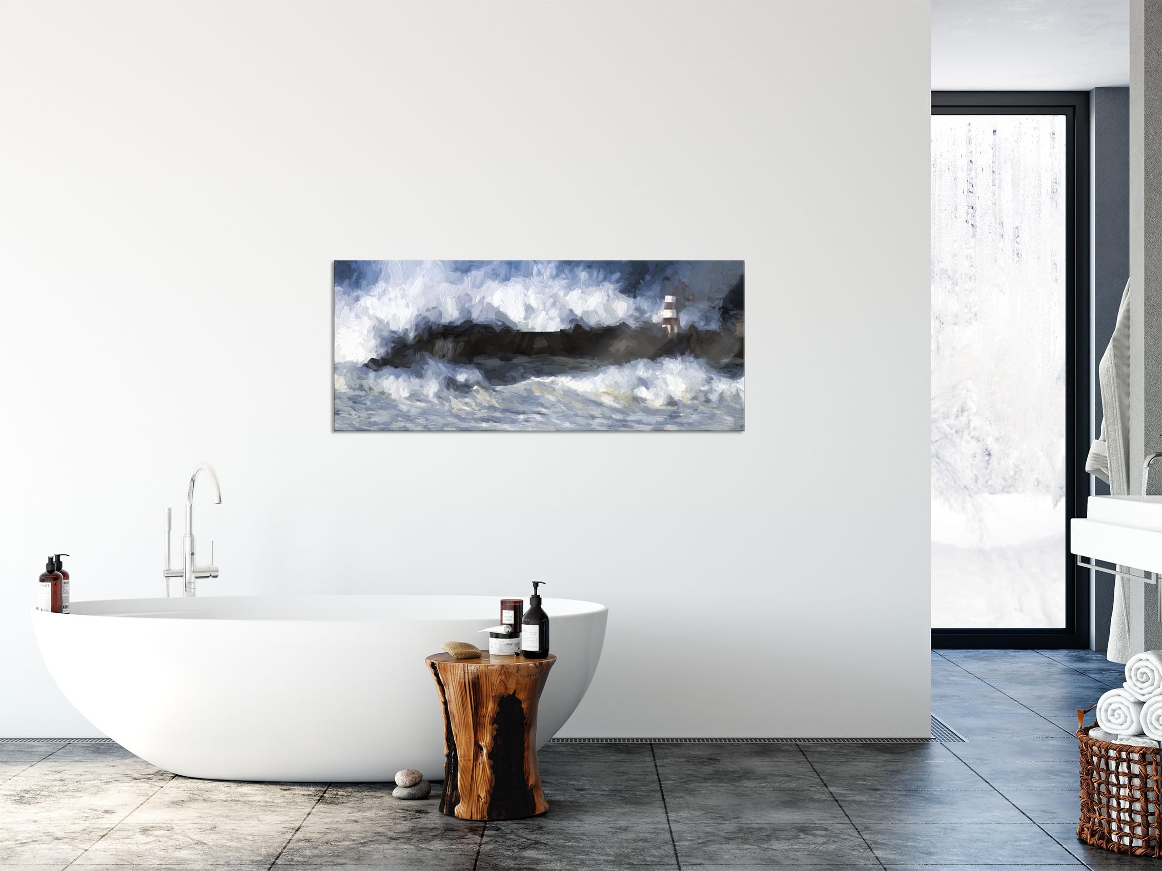 Pixxprint Quadro In Vetro Panorama 100x40 Cm - Faro Su Rocce - Stampa Su Vero Vetro Con Distanziali Effetto Fluttuante - Made In Germany