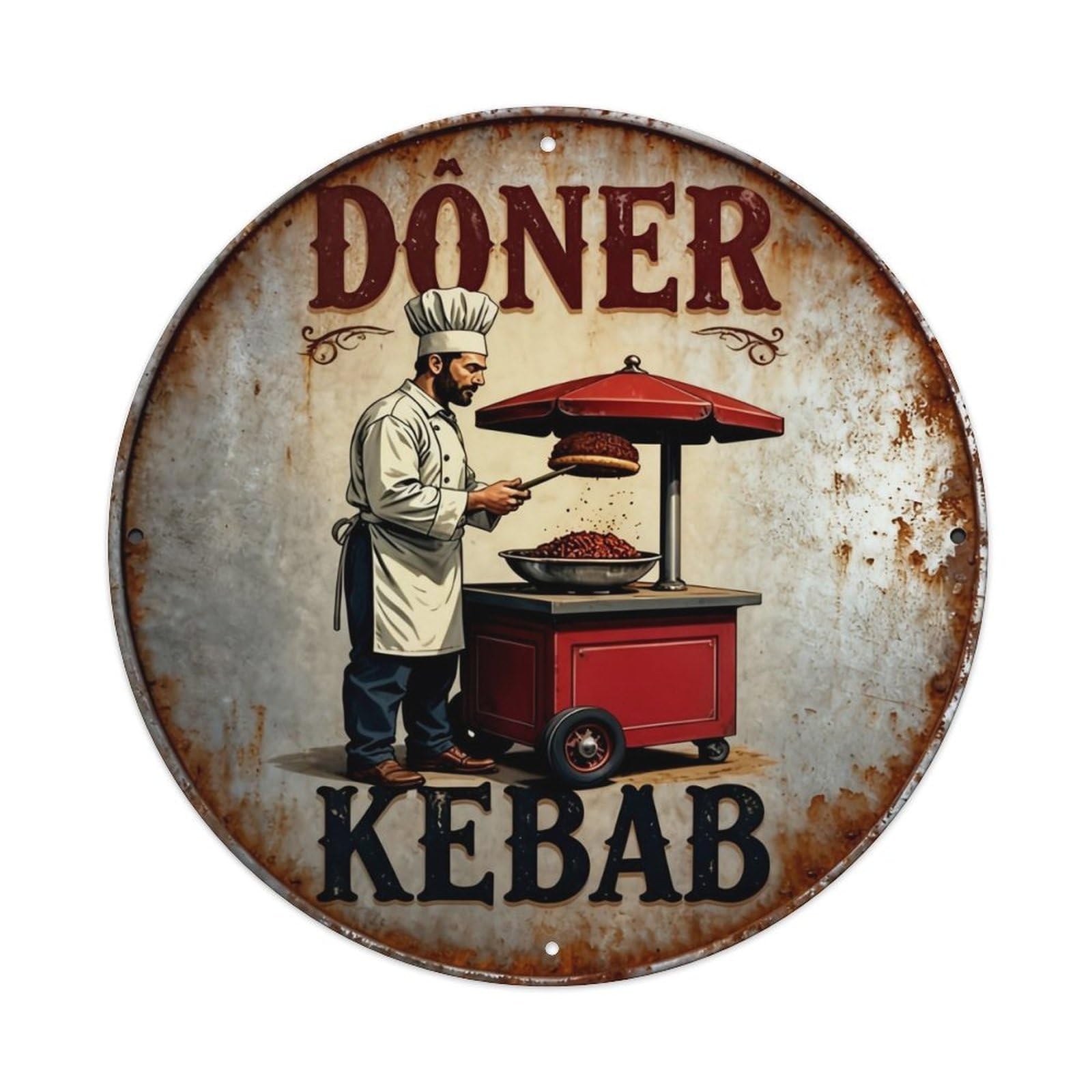Doner Kebab Chef Cart Sign Retro Metal Sign Round Tin Sign, Vintage Decor Art Poster for Bar, Home, Man Cave, Kitchen, Laundry Room Gift 8x8Inch