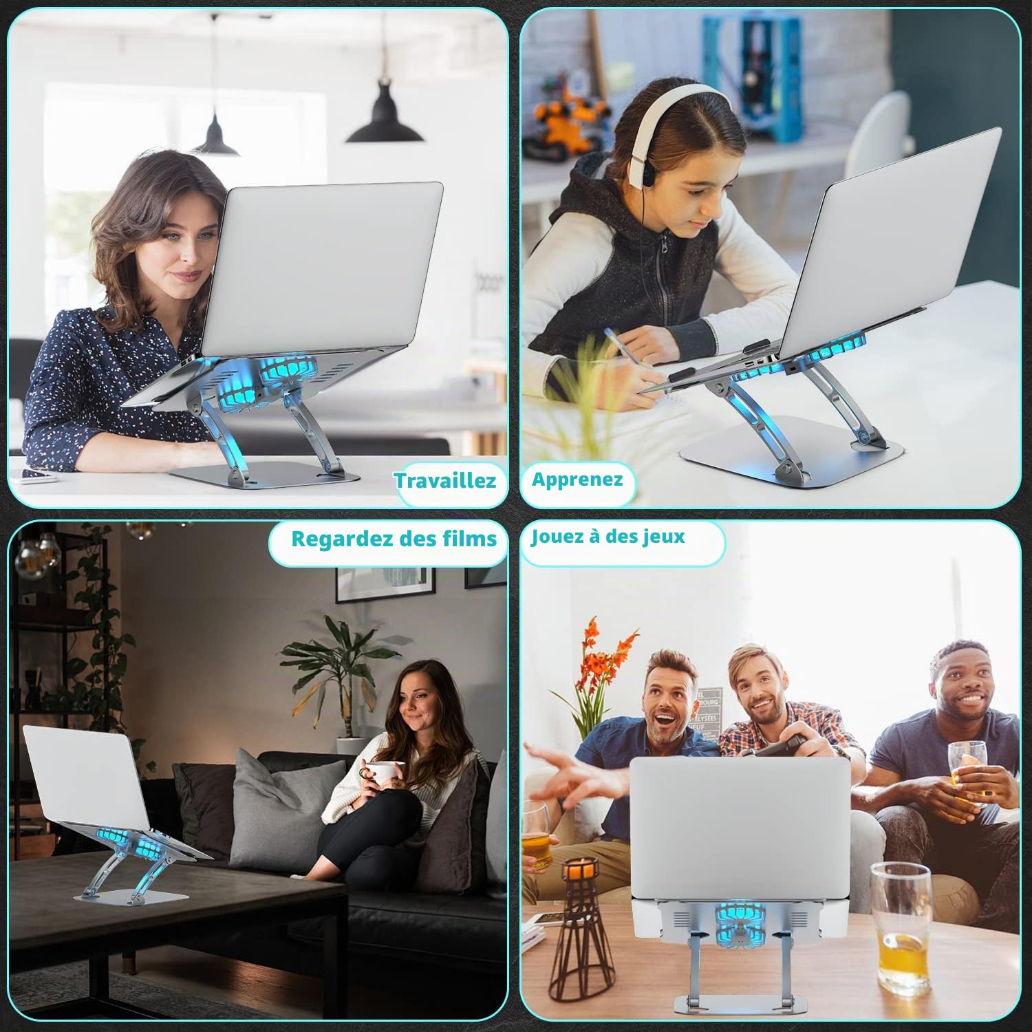 Support Ordinateur Portable avec Ventilateur, Aluminium Hauteur Réglable Support PC Portable, Compatible avec MacBook, Laptop (10-17"), Argent