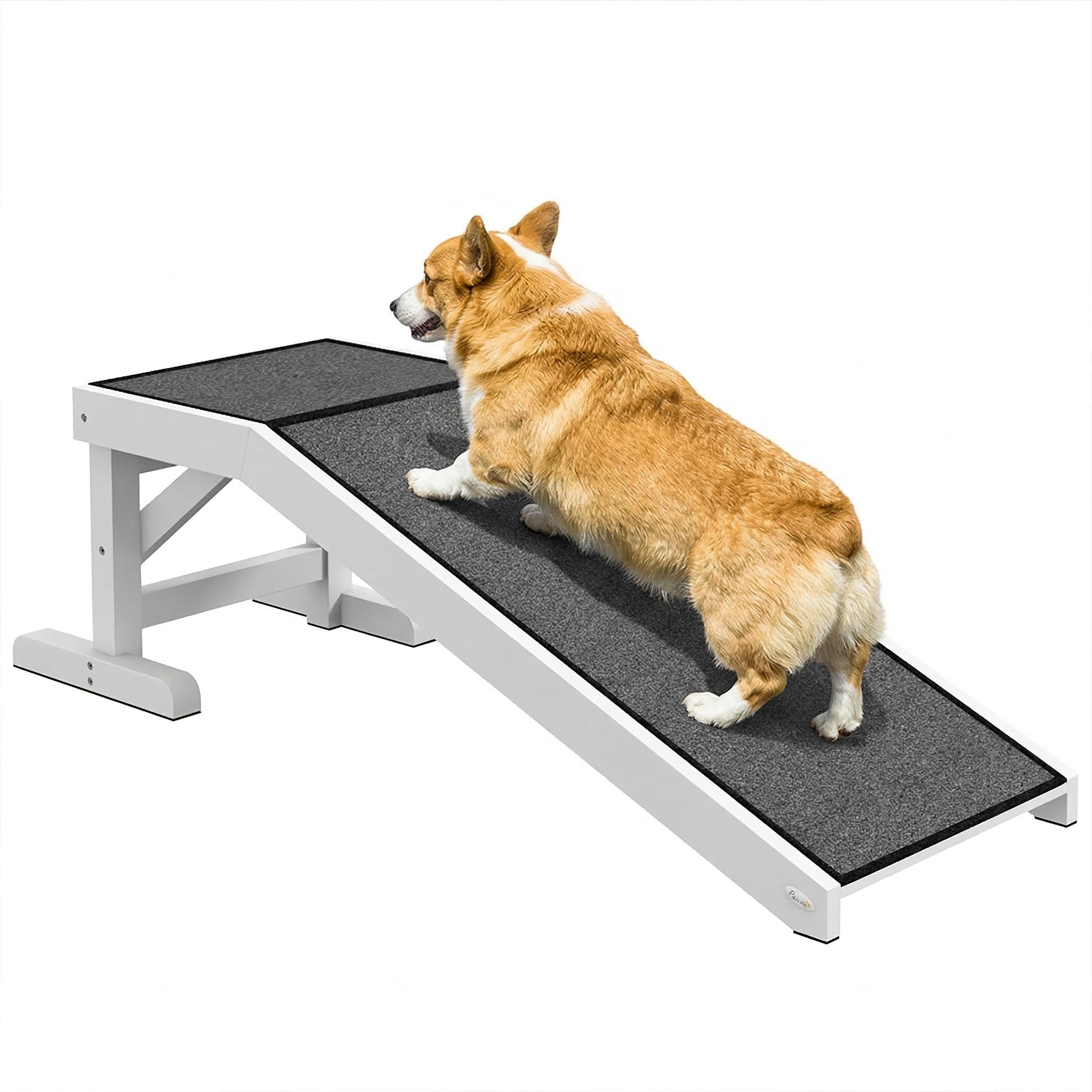 PawHut Rampa Perros de Madera para Cama/Sofá 125x40x35,5 cm Blanco y Gris | Rampa para Mascotas, Alfombra Antideslizante, para Perros Pequeños Medianos y Grandes, 125x40x35,5 cm