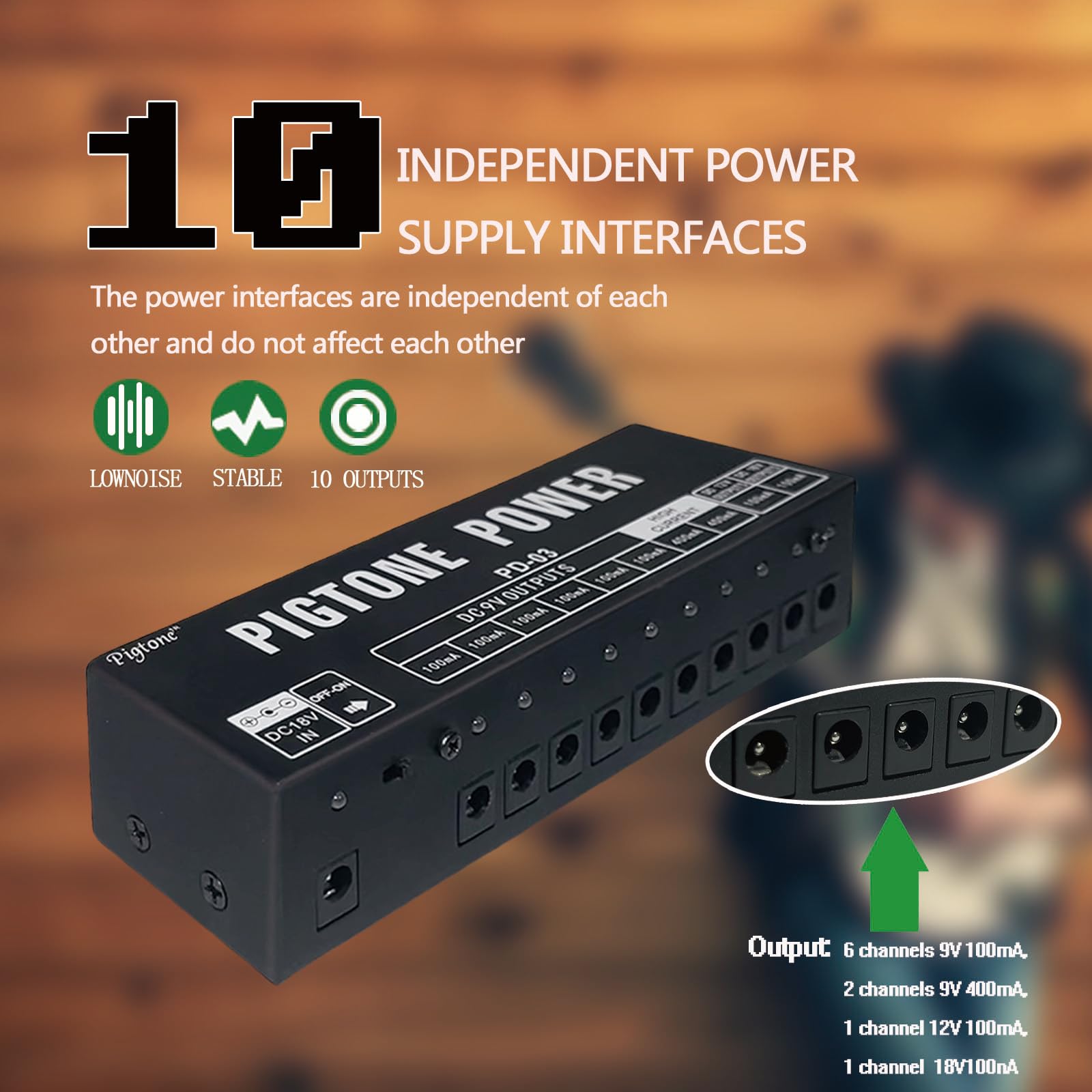 Gitarren-Effektpedal-Netzteil 10 unabhängige DC-Ausgänge geeignet für 9V 12V 18V 100mA 400mA Kurzschluss- und Überstromschutz PD-03