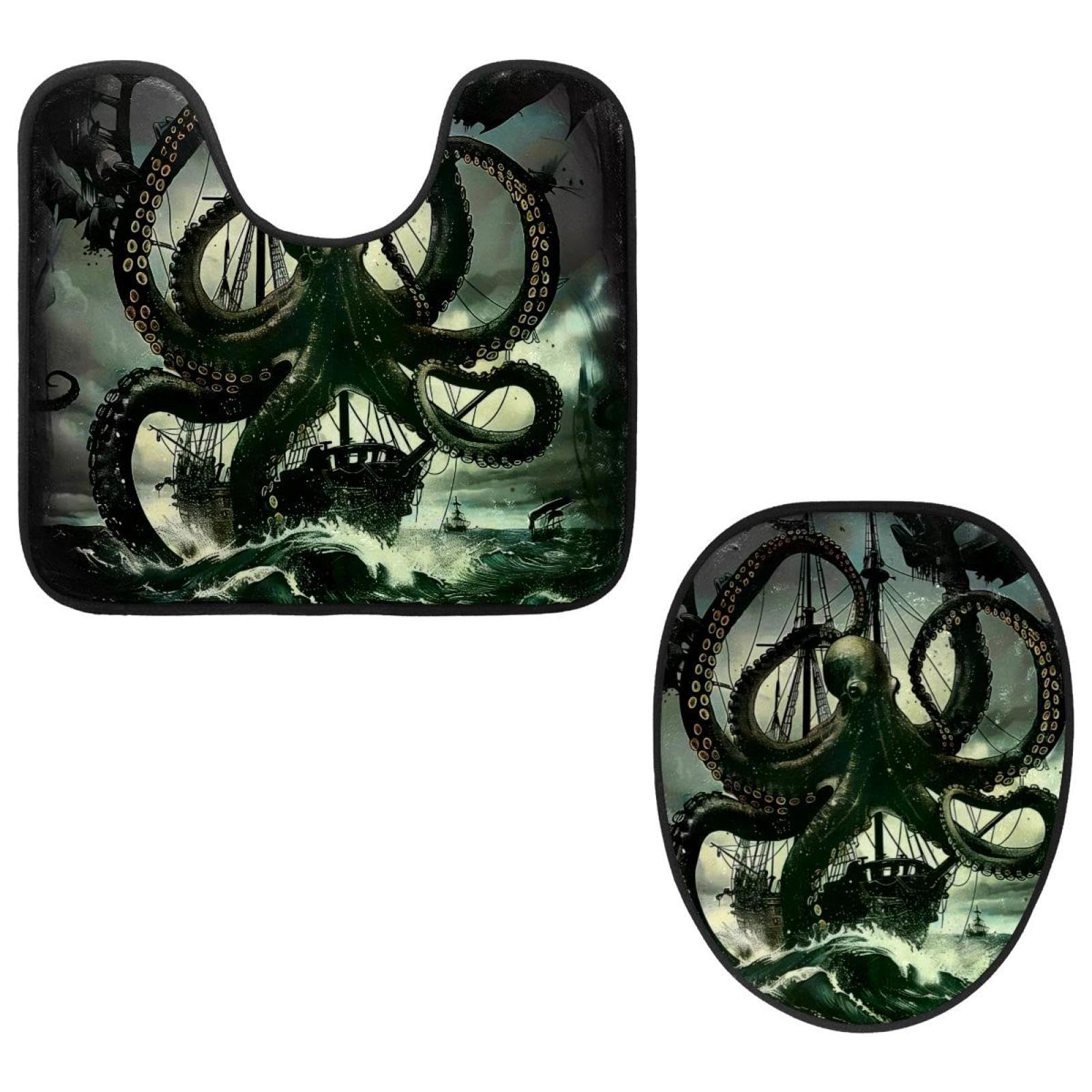 MUOOUM Toilet Lid Cover and U-Shaped Toilet Floor Mat Set of 2 Pieces, Black Octopus Tentacles Nautical Ship Toilet Mat Set, Machine Washable Seat Covers Non-Slip Absorbent Rugs