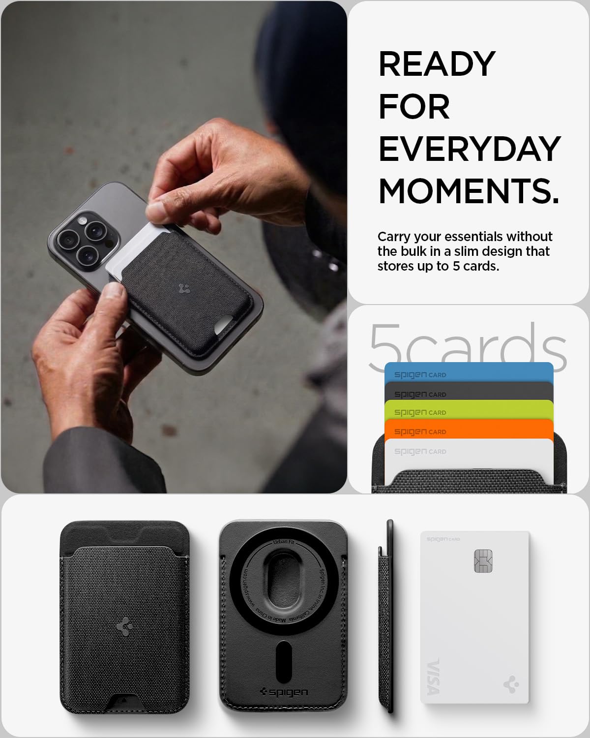 Spigen Urban Fit MagFit Portafoglio (5 carte) Magsafe Wallet Magnetico Portacarte Compatibile con iPhone 17/16/15/14/13/12 Modelle, Accessori MagSafe - Nero