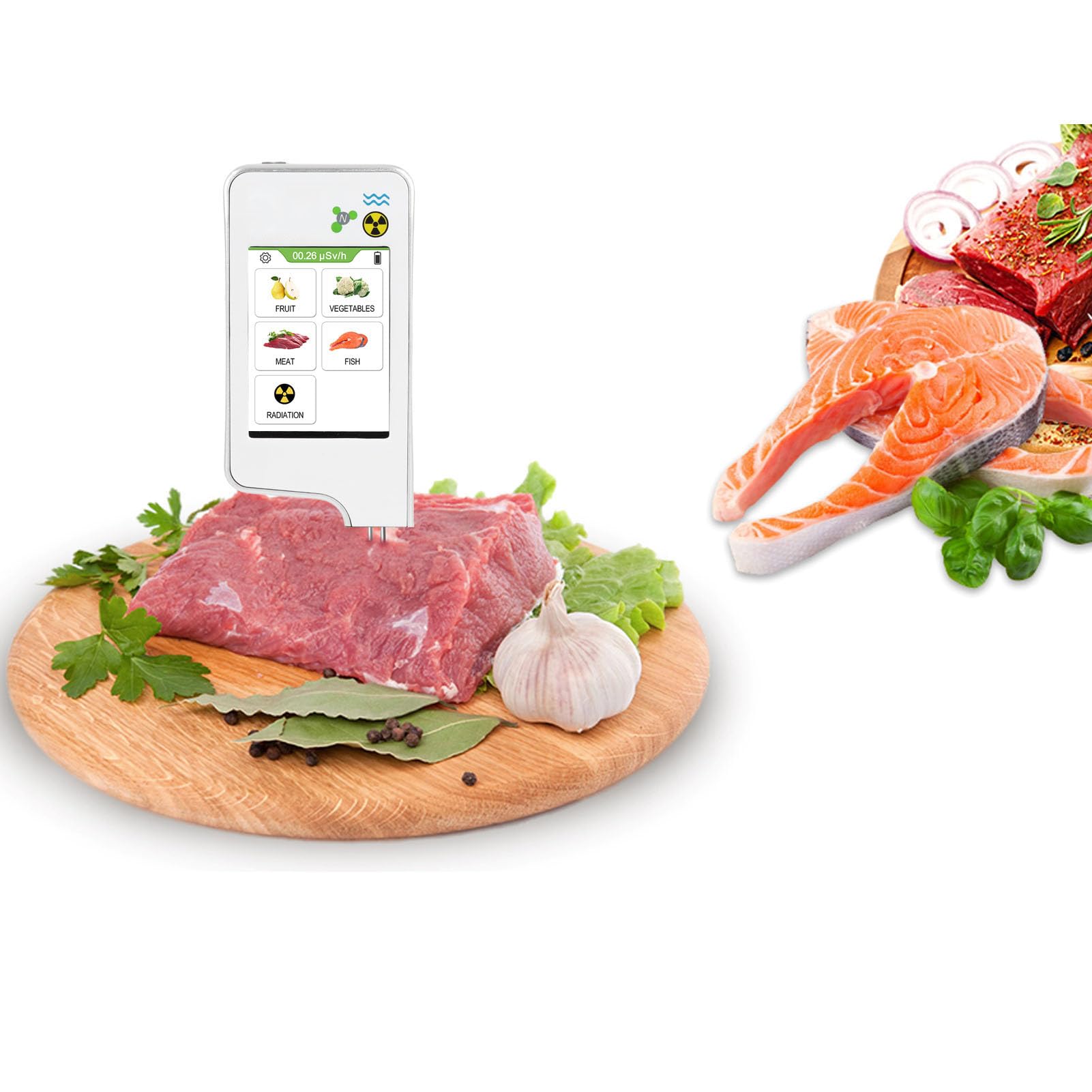 Medidor de Nitratos y Contador Geiger, Detector de Radiación Digital 2-en-1, Detección 0-9999mg/kg, Medidor de Radiación 0-99.99mSv/hr, Recargable para Mariscos, Frutas, Verduras (Blanco)