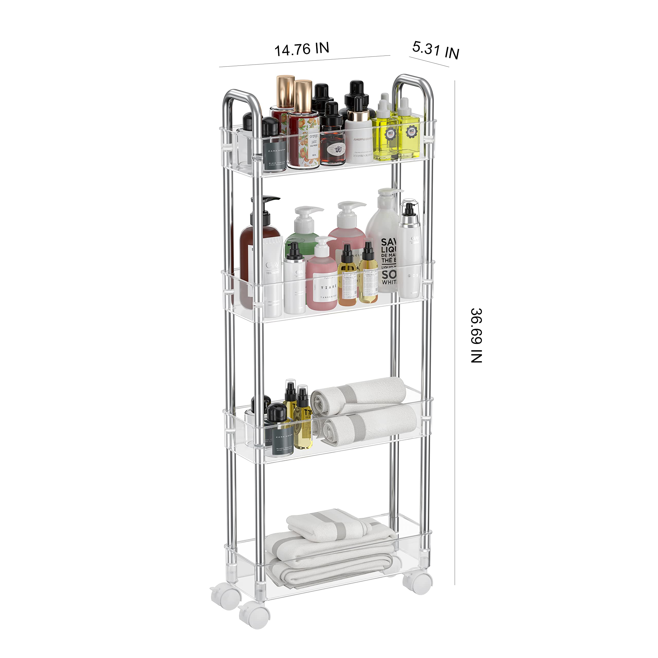 TESOIN Under Sink Organizers and Storage,4 Tier Clear Movable Slim Rolling Storage Cart Bathroom Organizer Under Cabinet Storage, Slide Out Narrow Shelf Organization for Kitchen Bathroom Warehouse