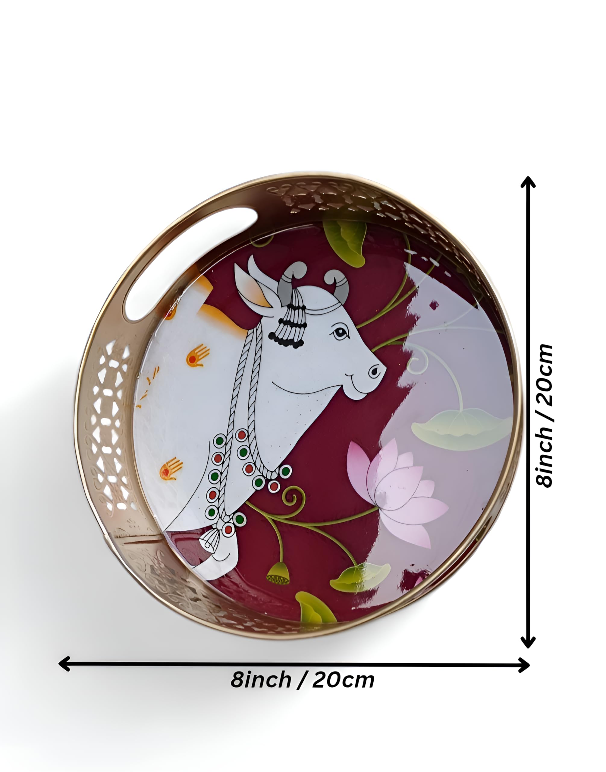 8 Inch Decorative Metal Serving Tray with Sacred Cow & Lotus Artwork | Pichwai Design Round Tray for Pooja, Festive Gifts, Snacks | Resin Coated, Gold Finish 1