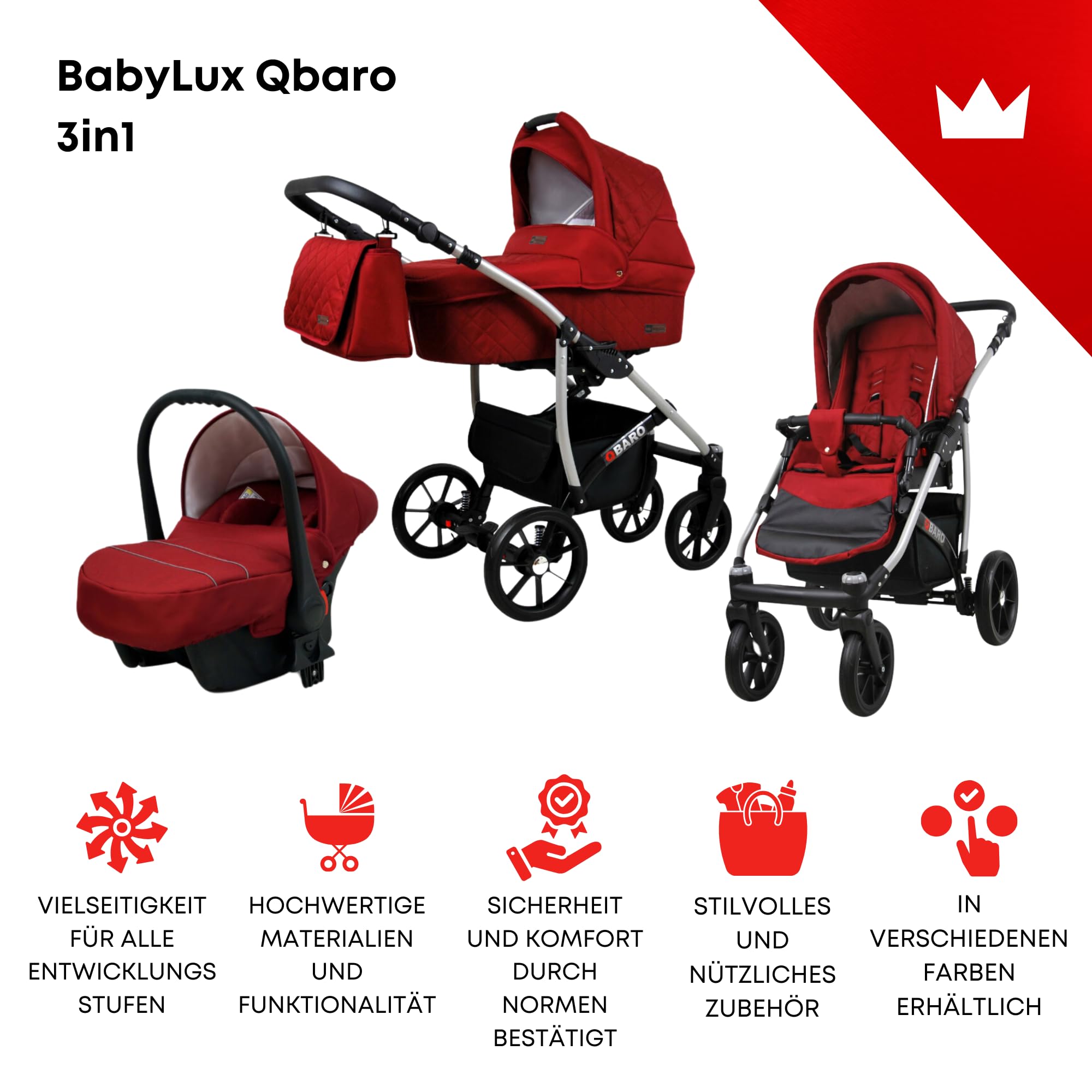 BabyLux Kinderwagen Set 3 in 1 Qbaro Babywanne Buggy Sportsitz Auto-Babyschale Kombikinderwagen Wickeltasche Regenschutz