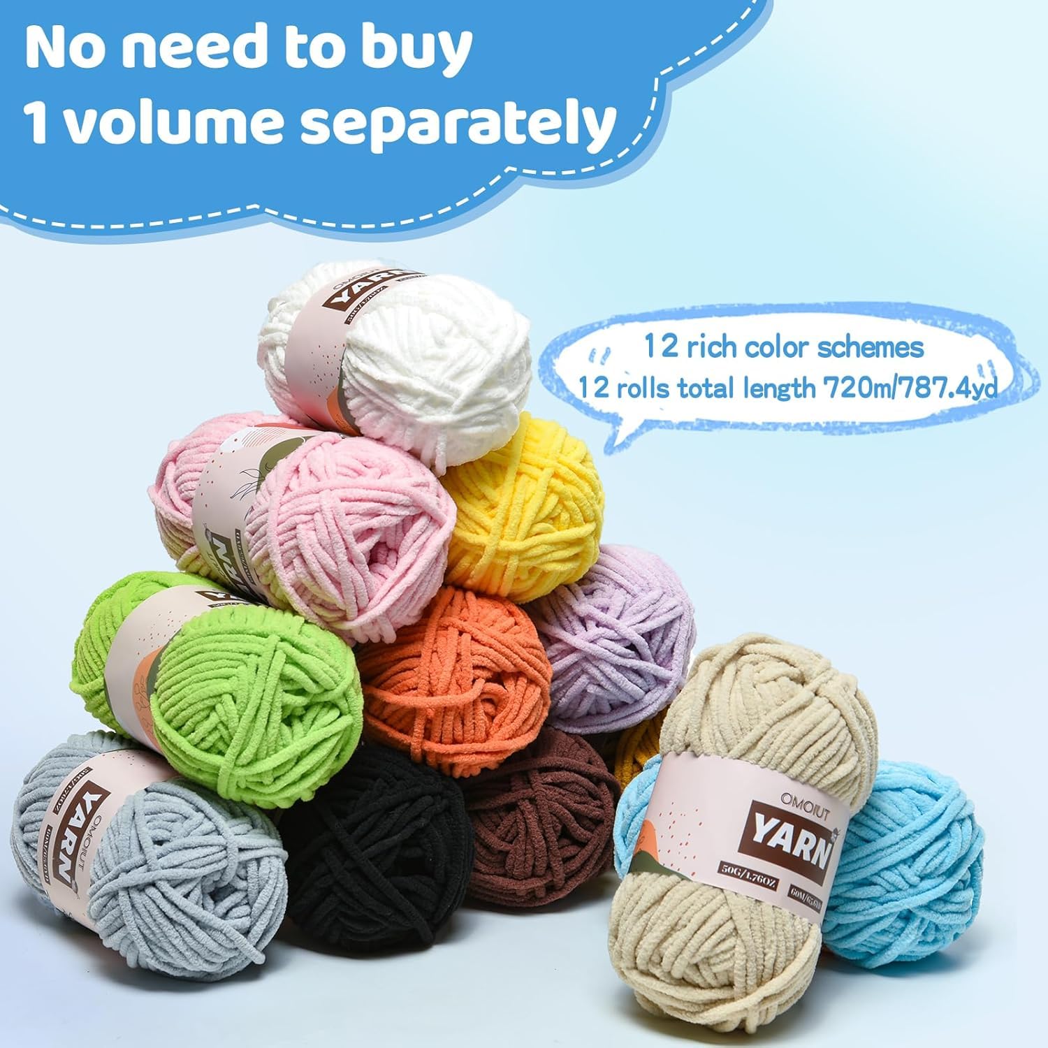 OMoiut Amigurumi-Garn-Set mit 1200 g Häkelgarn, Häkelnadel, Maschenmarkierer, flauschige Füllung, Zubehör, 24 Stück