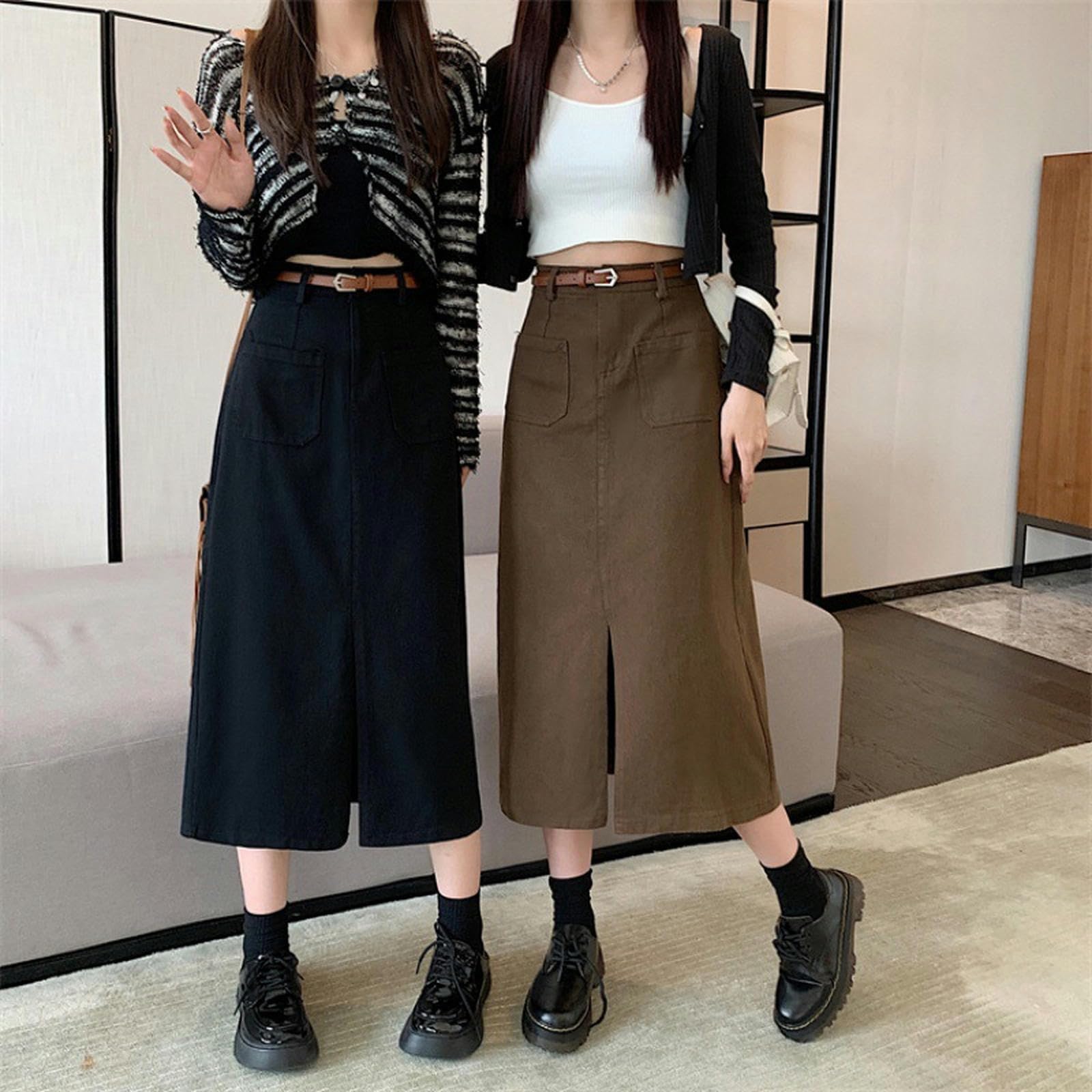 Gonna Lunga Donna Gonna delle Donne A Vita Alta Elastica A-Linie Dimagrante Middle Slit Denim Gonna per Le Donne con Cintura Inclusa-Nero-m