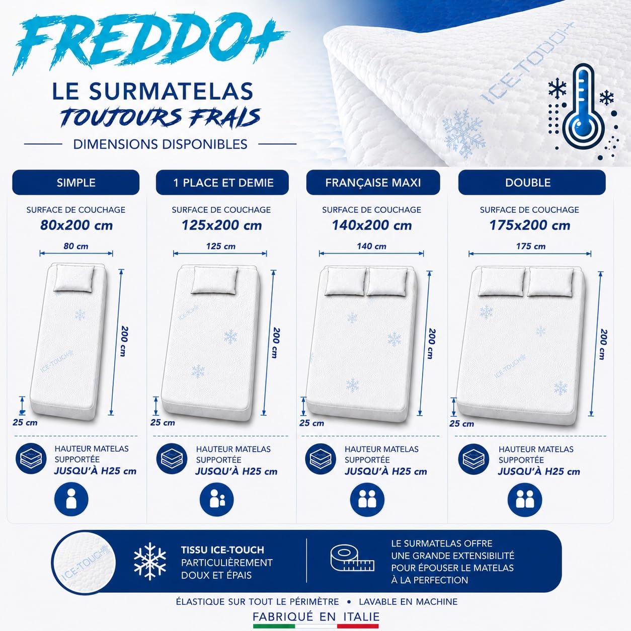 Tex family Surmatelas rafraîchissant Froid + Ice-Touch, pour l'été, thermorégulateur, Respirant, Anti-humidité, Doux, élastique, 2 Places - 175x200 cm H25