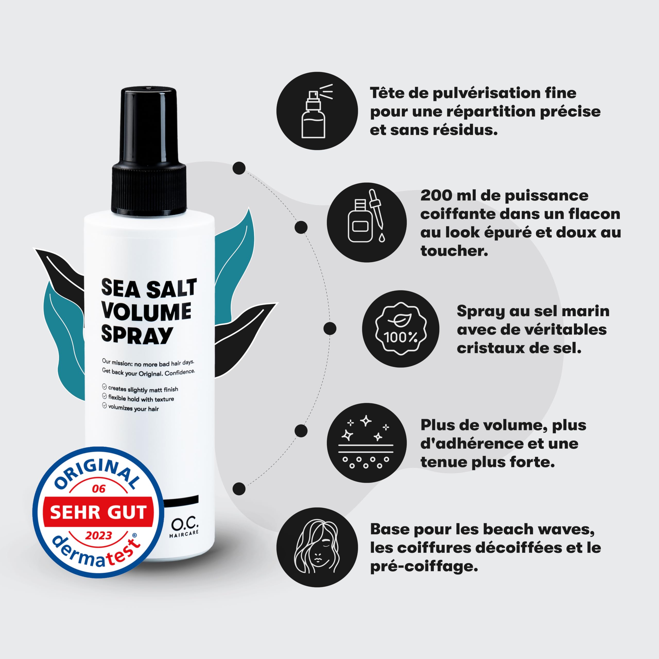 O.C. Haircare Sea Salt Spray - 200 ml - Spray au sel de mer pour cheveux - Booster de volume pour une sensation de cheveux plus complète avec une forte tenue - 100% végétalien et fabriqué en