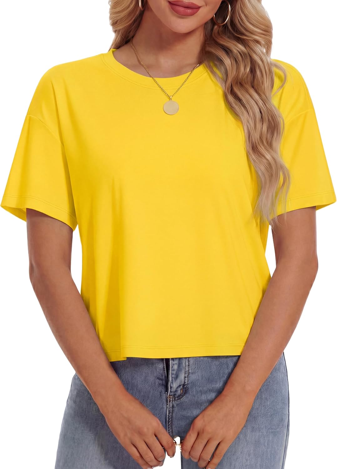 YUCOLEN Women's Crop Tops Summer Short Sleeve Cotton UPF 50+ Round Neck Casual Loose Cropped T-Shirts Solid Basic Tees