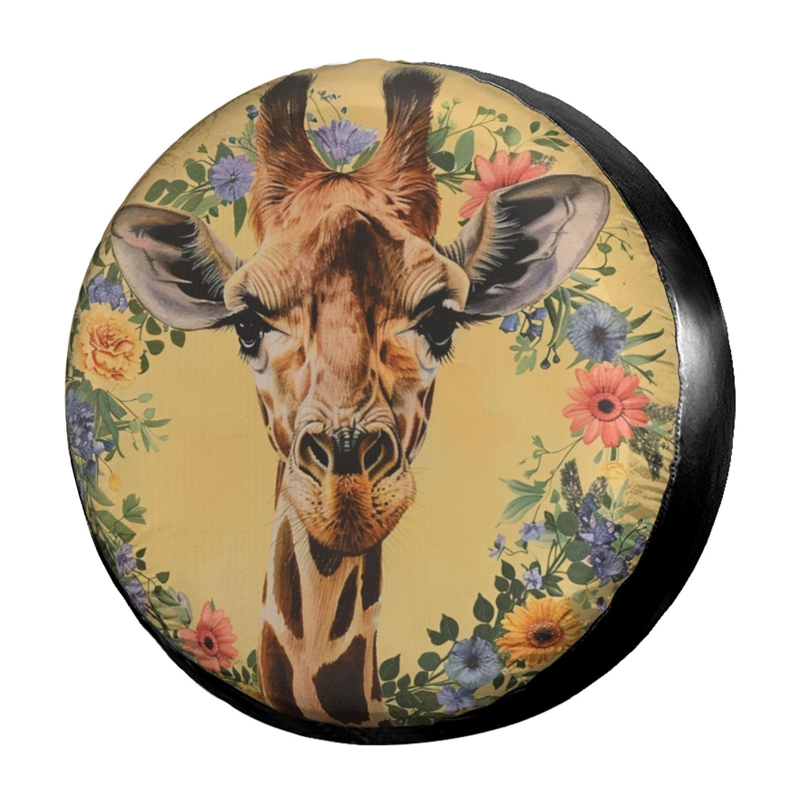 Dujiea Giraffe with Flowers Wreath Spare Tire Cover, Universal Wheel Tire Cover Waterproof Dust-Proof Tire Protectors for Trailer Rv SUV Truck Camper and Many Vehicle 14 15 16 17 Inch