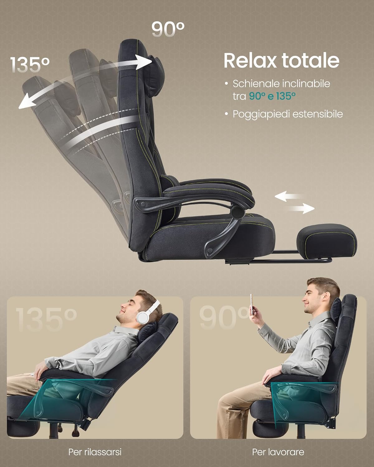 Sedia Gaming, Sedia Ufficio Scrivania, Ergonomico, con Poggiapiedi, Poggiatesta Regolabile, Cuscino Lombare, Portata 150 kg, Nero Inchiostro OBG077B08 - Sedia gaming - Immagine 6