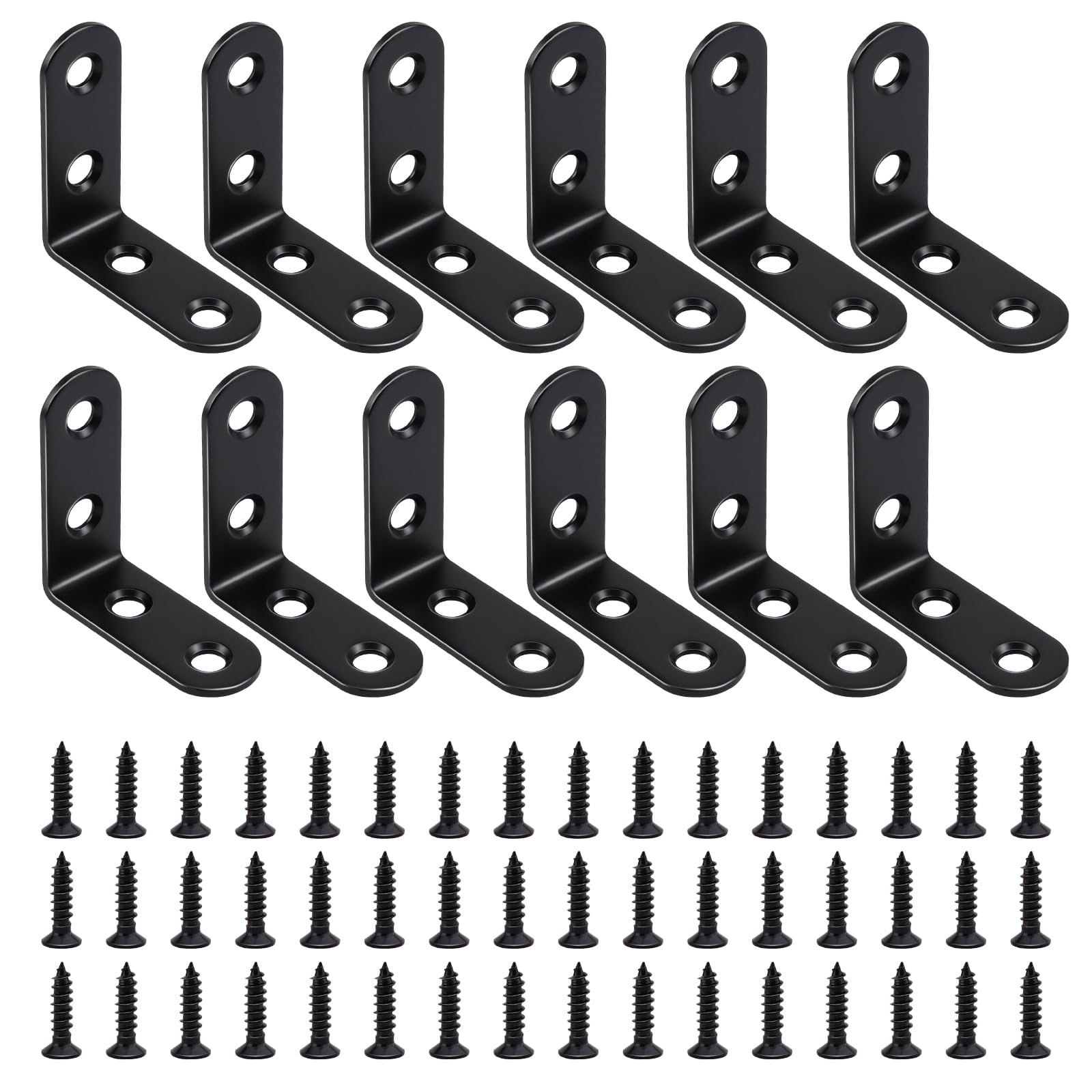 12 PCS 1.57'' x 1.57'' Stainless Straight Flat Brackets, Black Flat Metal Brace Bracket, Support Flat Metal Brace for Wood Furniture, Mending Plate Connector Joining Bracket for Fence,48 Screws
