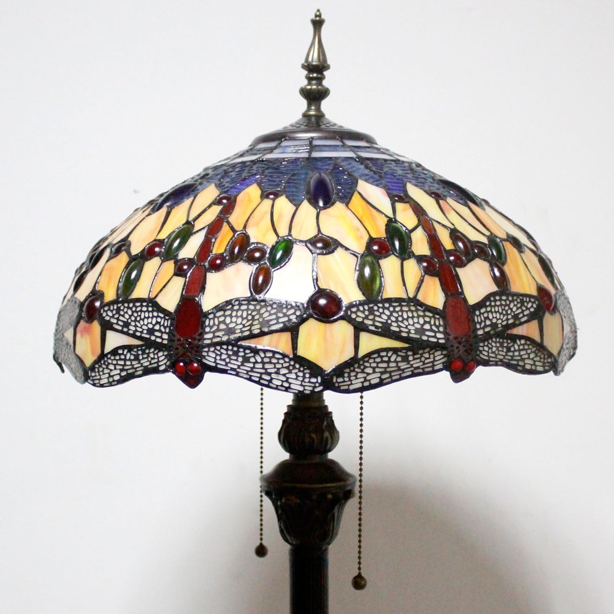 Super Sale 🛒 Tiffany Style Floor Standing Lamp W16H64 Inch Tall (2 LED Bulb Included) Orange Blue Stained Glass Crystal Bead Dragonfly Lampshade Antique Reading Lighting Base S168 WERFACTORY Lamps Bedroom Gifts
