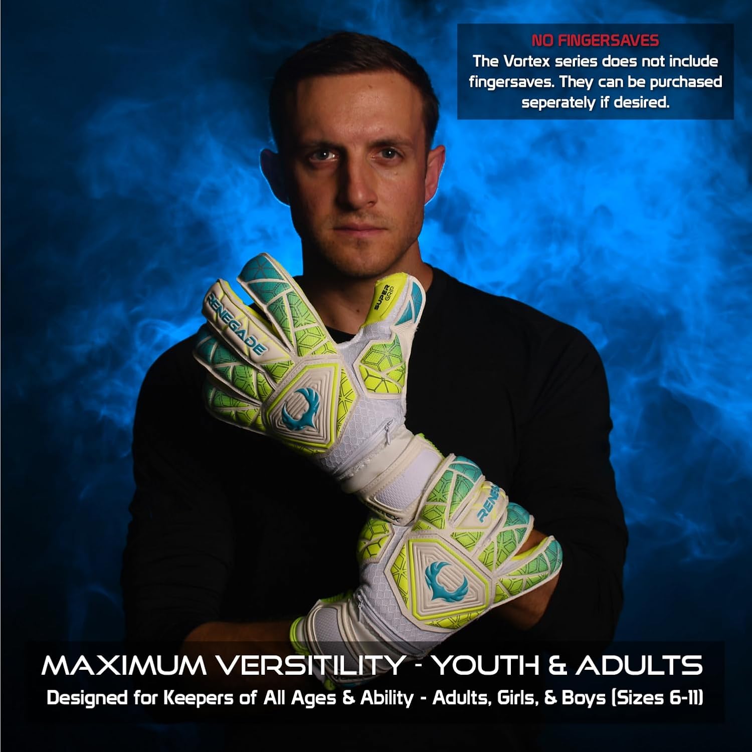 Renegade GK Vortex Goalie Gloves (No Fingersaves) - Adult, Youth, Kids (Sizes 6-11, 3 Styles, Level 3) 3.5+3mm Hyper Grip & Super Mesh | Excellent All-Around Goalkeeper Glove | Based in The USA