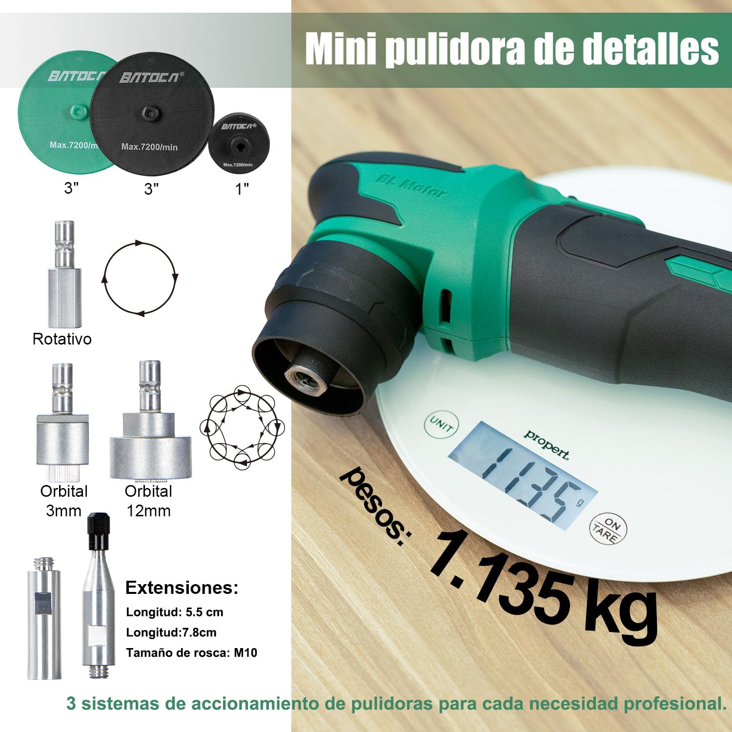 BATOCA Mini Pulidora Bateria S4,Rotativa y Orbital,Motor Sin Escobillas,Pulidora Profesional Kit,Máquina de Pulir para Detalles con 2 baterias 2.5Ah 12V,2000-5500RPM,25mm/75mm Disco Pulidor