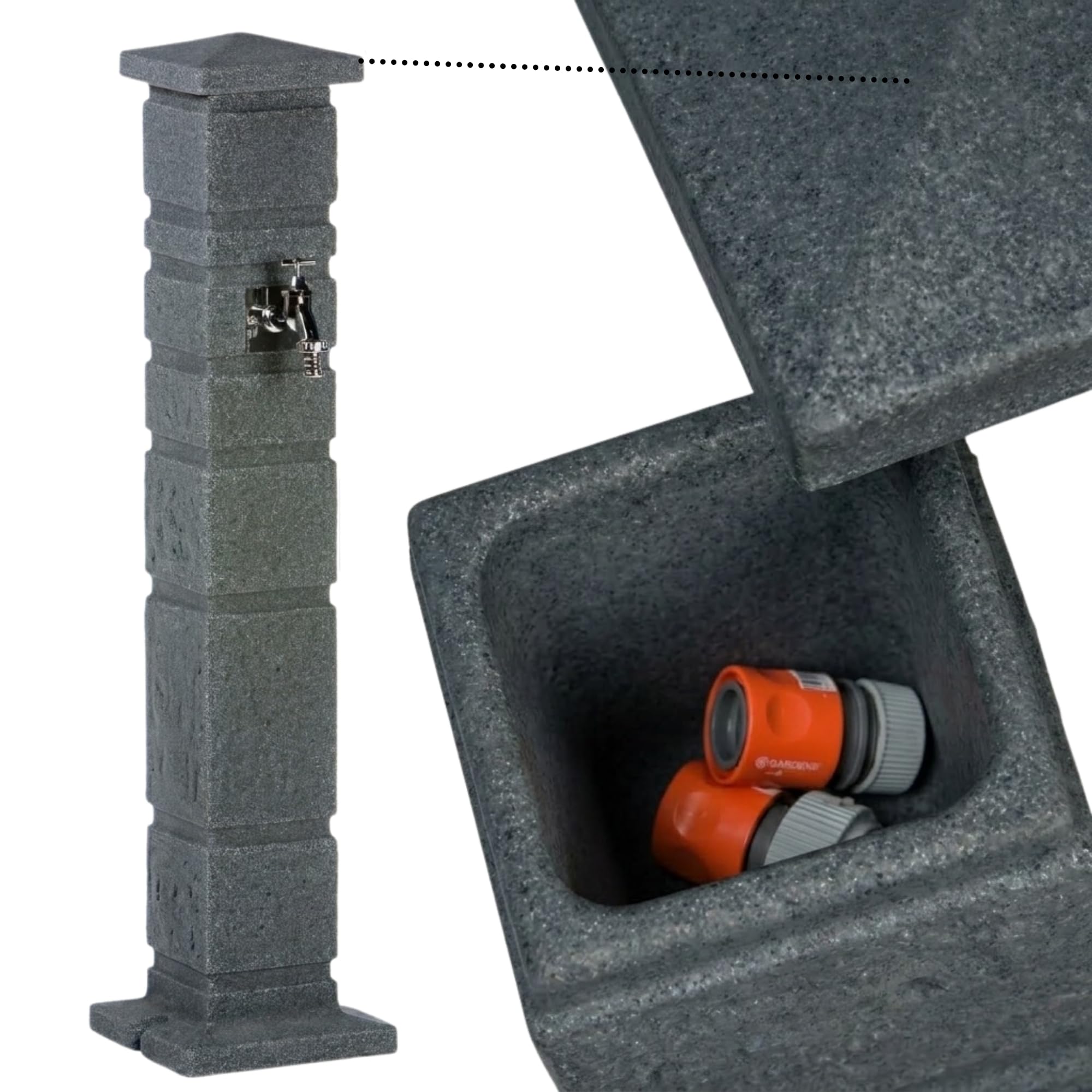 YourCasa Classic Wassersäule Garten Granit-Optik | Römische Wasserzapfsäule mit 3/4 Wasserhahn & Aufbewahrungsbox | 111 cm Standbrunnen Zapfstelle | Witterungsbeständig (Anthrazit)