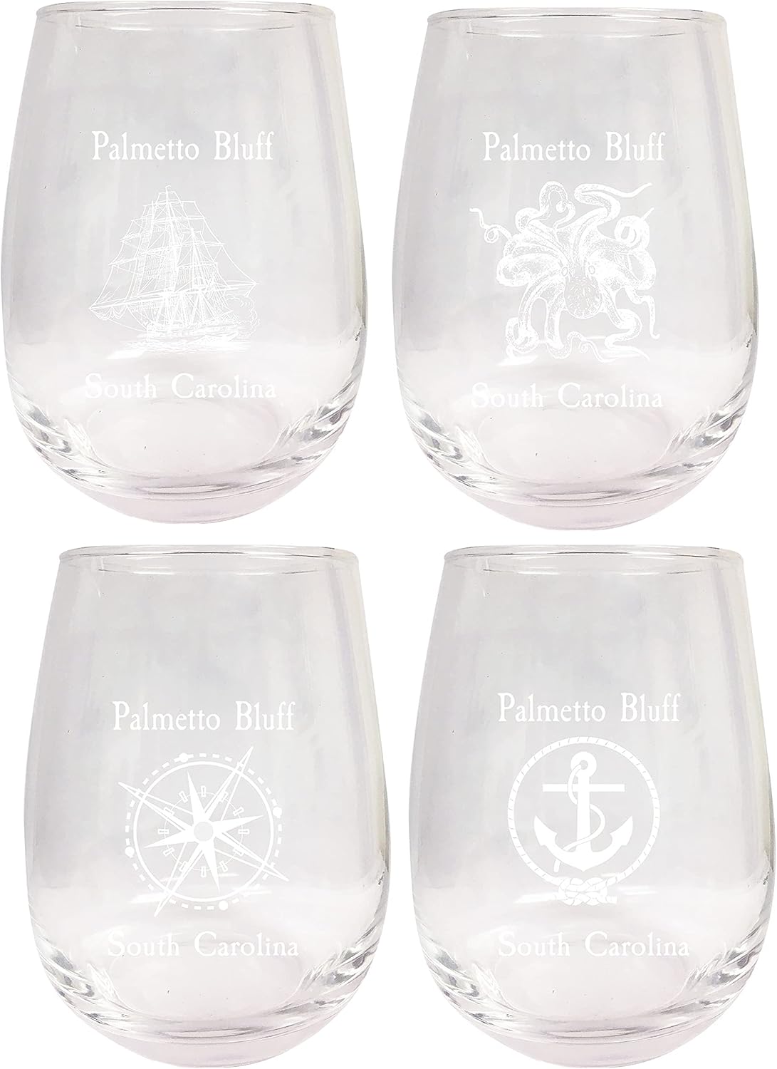 R and R Imports Palmetto Bluff South Carolina Souvenir 9 Ounce Laser Engraved Stemless Wine Glass Nautical Designs 4-Pack